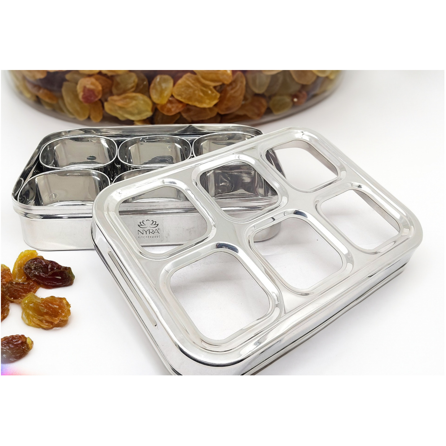 Nyra ®Stainless Steel Dry fruit/Spice Box for Kitchen/Organiser with compartments | See-Through Lid Masala/Dry Fruit Box| Square Box for Kitchen/Multipurpose box.