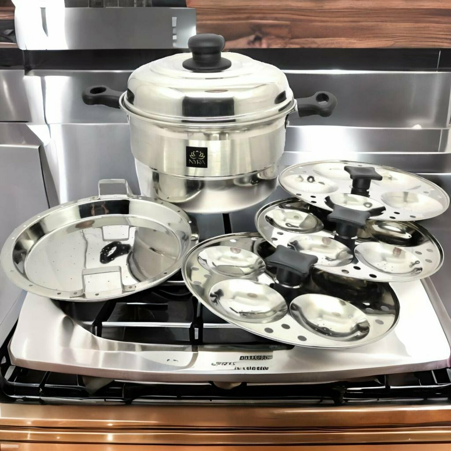 Nyra Stainless Steel Induction Base Multi-Use Idly Cooker with 3 Idly Plates 5 Idlies each and 1 Pcs SteamerDhokla Plate