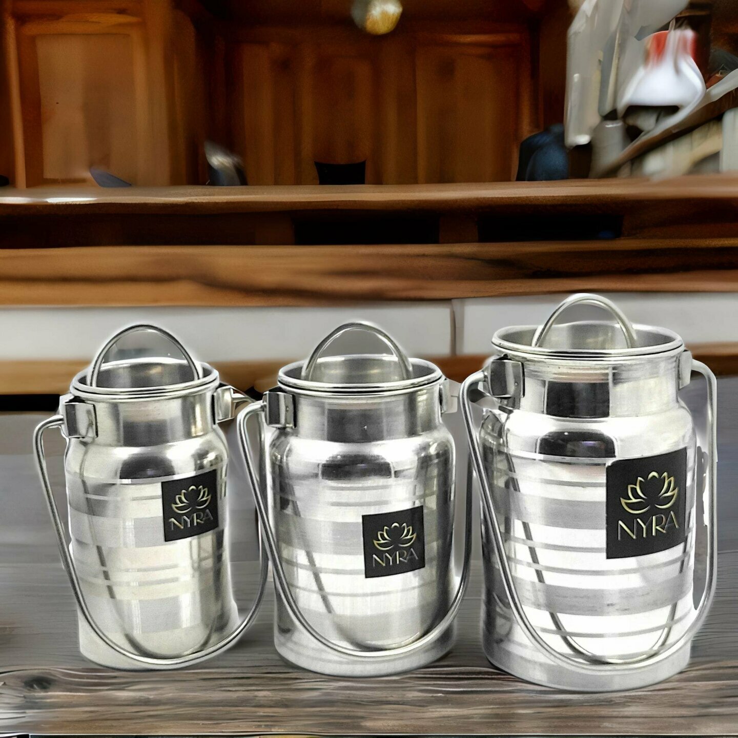 Nyra Stainless Steel Mini Barni Set of 3 Milk Container Can Pot with Lid and Handle, Steel DabbaContainers