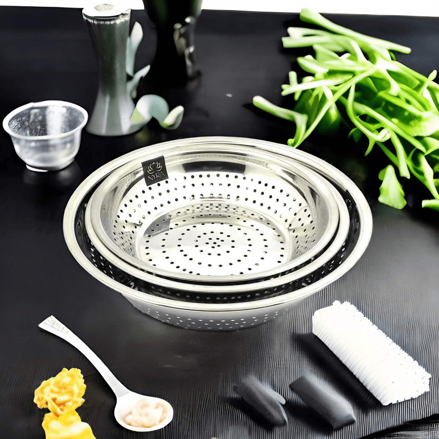 Nyra Stainless Steel Chawal Poha ChalniStrainer Colander - Set of 3 Colanders