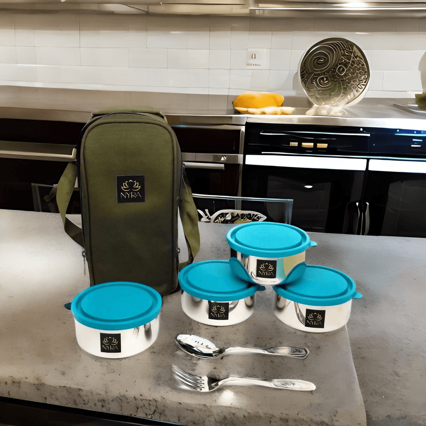 Nyra Stainless Steel Lunch Tiffin Box with Bag for Office use, Student, Women, Men - 4 Leak Proof Stainless Steel Meal Containers with a spoon and fork and Insulated Fabric Bag