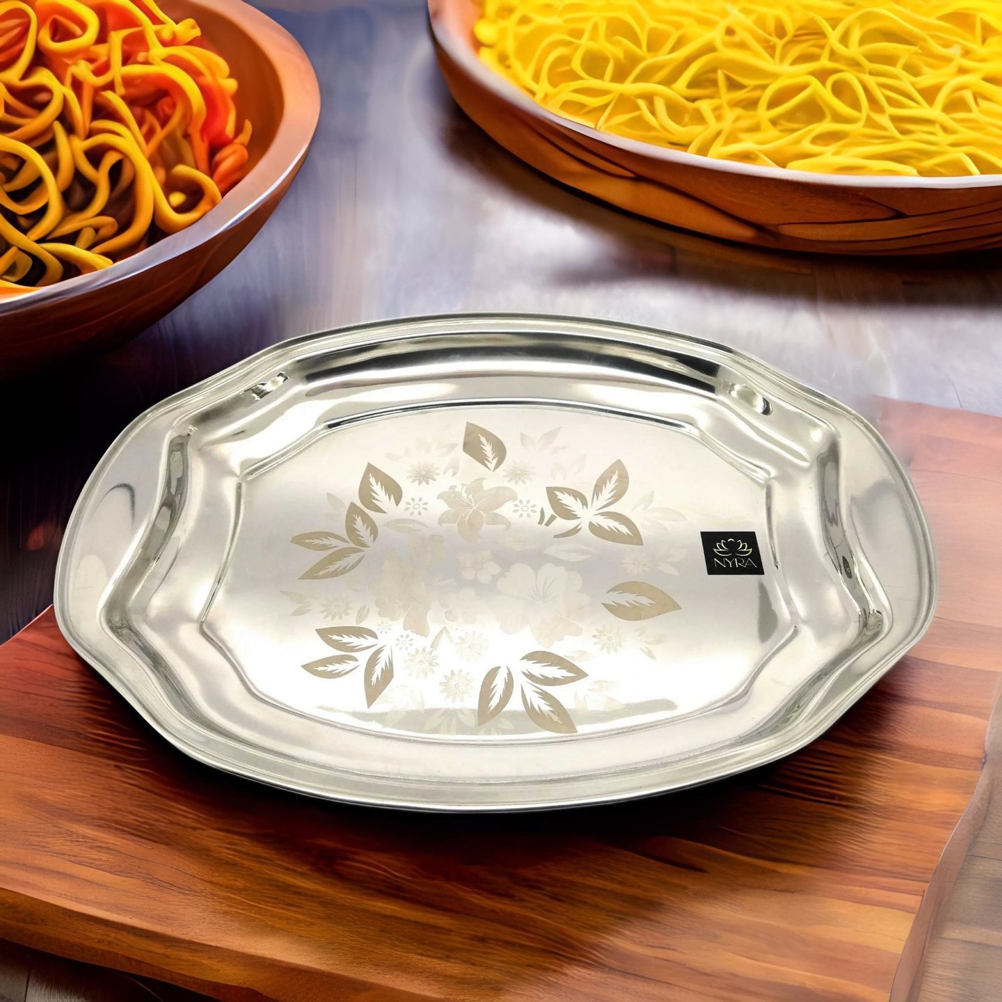 NYRA Stainless Steel Designer Serving Tray with Laser Print and Glossy Finish