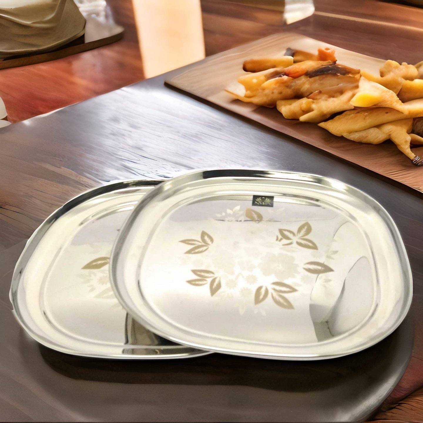 NYRA Stainless-Steel Full-Size LunchDinner Plates with Glossy Outer Finish and Laser Print Set