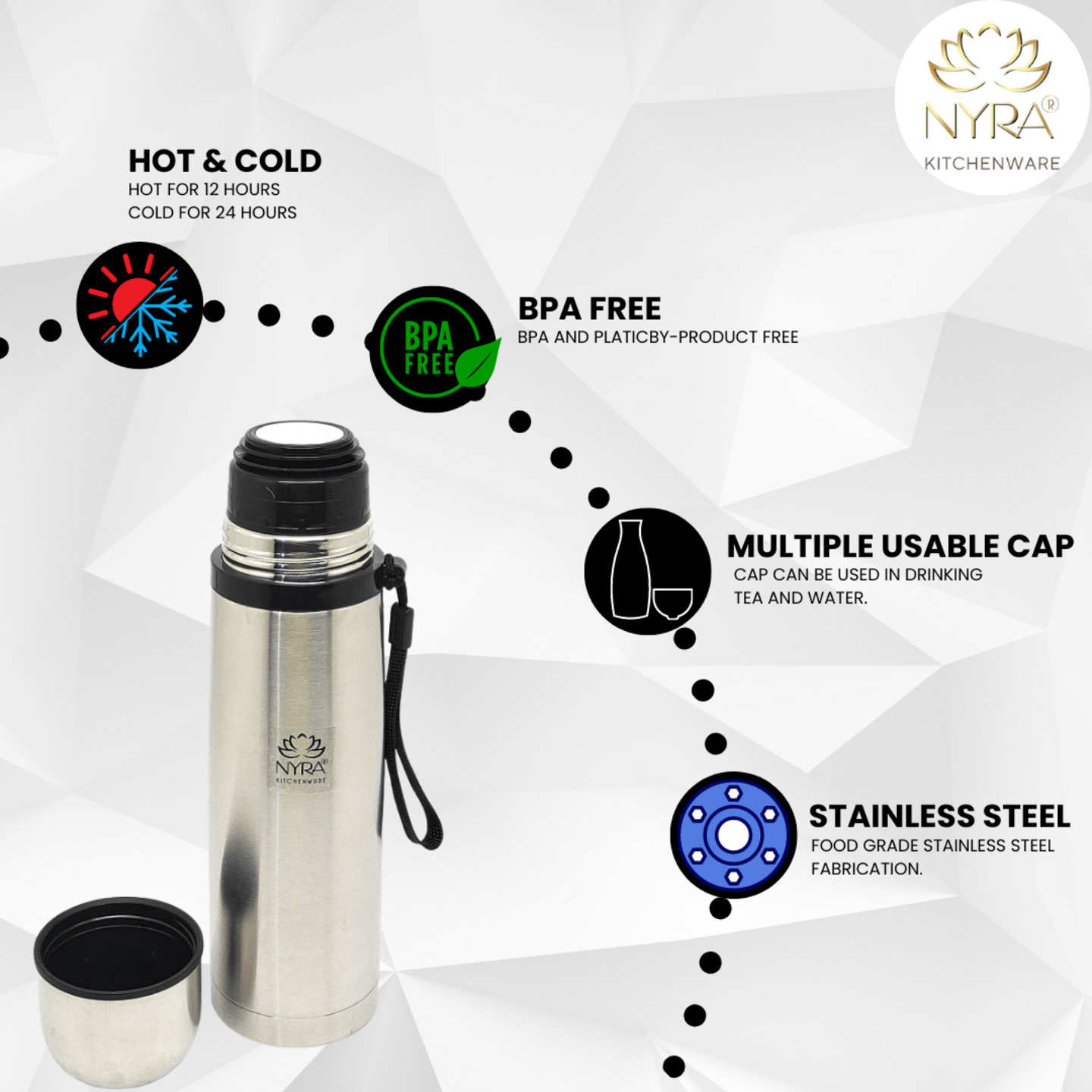 Nyra Stainless Steel Insulated Double-Walled Flask, Water Bottle Keeps Hot and Cold Flask Bottle Leak-Proof  500 ML, Silver