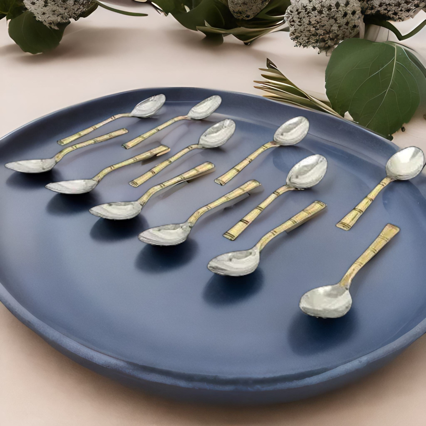Nyra Stainless Steel Brass Table Spoon Set of 12 Pcs, Traditional Indian Designed Tableware  Dinnerware, Kitchenware Utensil Cutlery  Kitchen Accessory