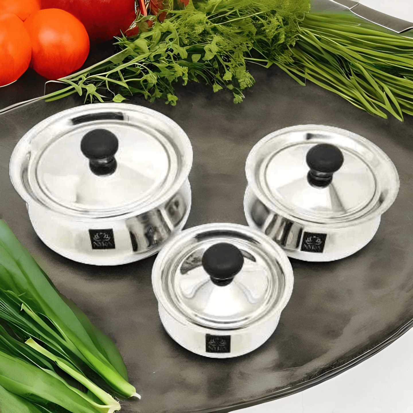 Nyra Stainless Steel Pulao Handi with Lid and PVC Knob  Set of 3 700 ML, 1.5 Ltr, 2.5 Ltr Cooking Pot for Dum Biryani, Rice, Glossy Finish Tope, Patila Multipurpose Cooking Utensil for Kitchen