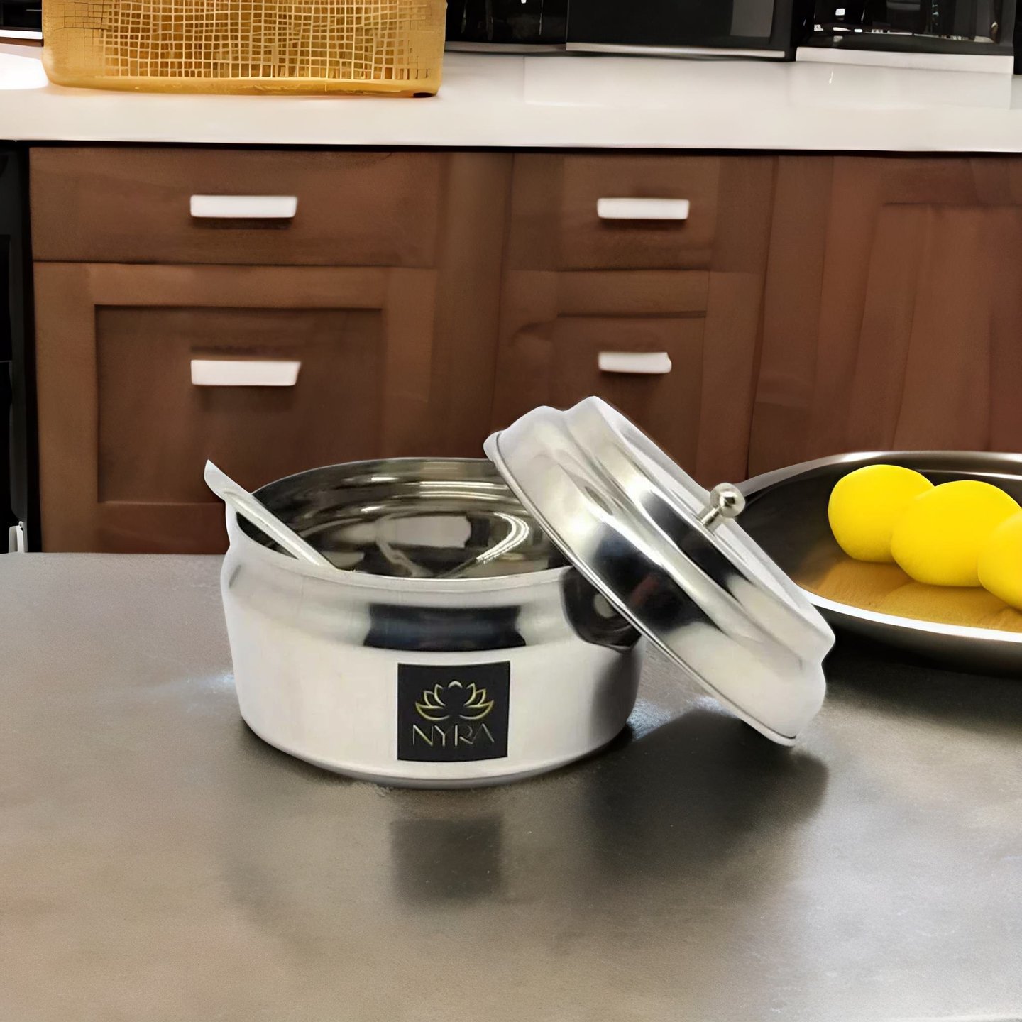 Nyra Stainless Steel Ghee PotJar Oil Container with Spoon and lid, Kitchen Storage Container Ghee Dani For Puja, Pickle Container  capacity - 350ml