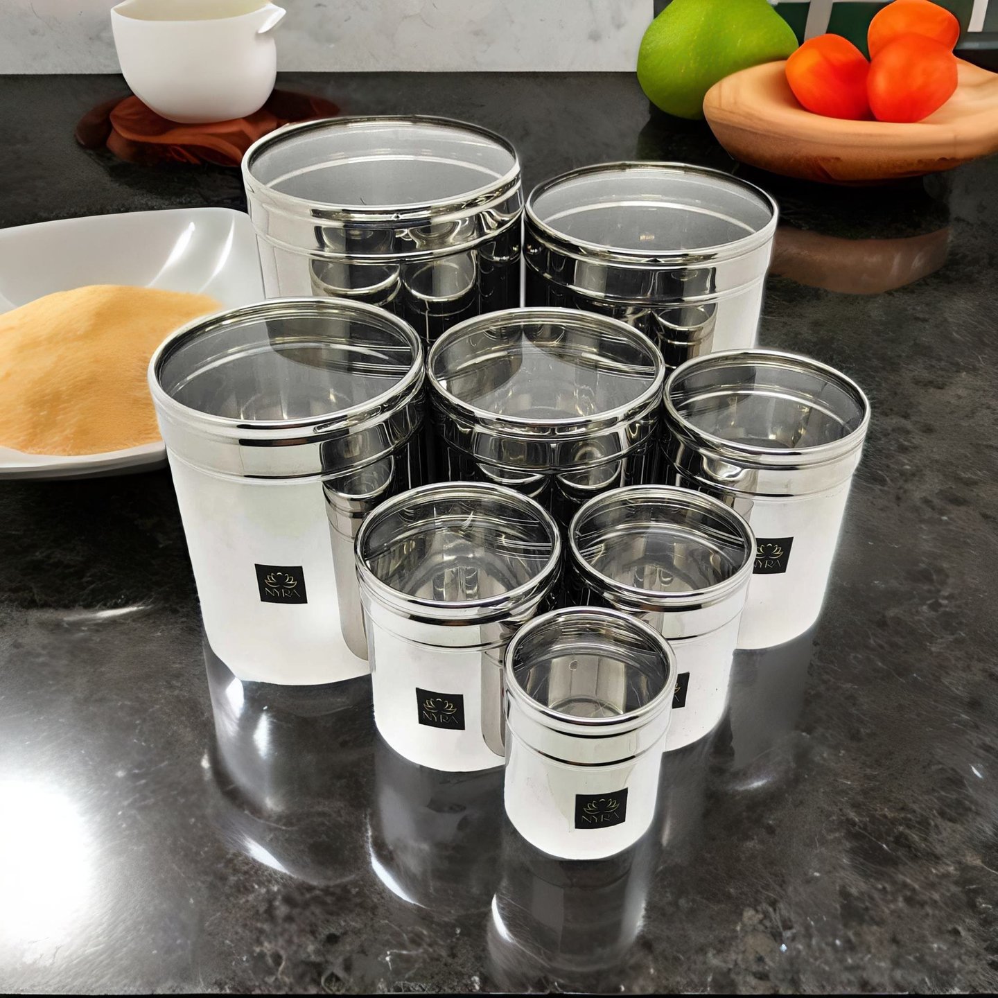 Nyra Stainless Steel Set of 8 Pcs Multipurpose ContainersCanisters For Kitchen Storage Vertical Jar Dabba with Transparent See through Lid - Ideal for Storing Rice, Cereal, Pulse, Snacks, Spices and other kitchen utilities