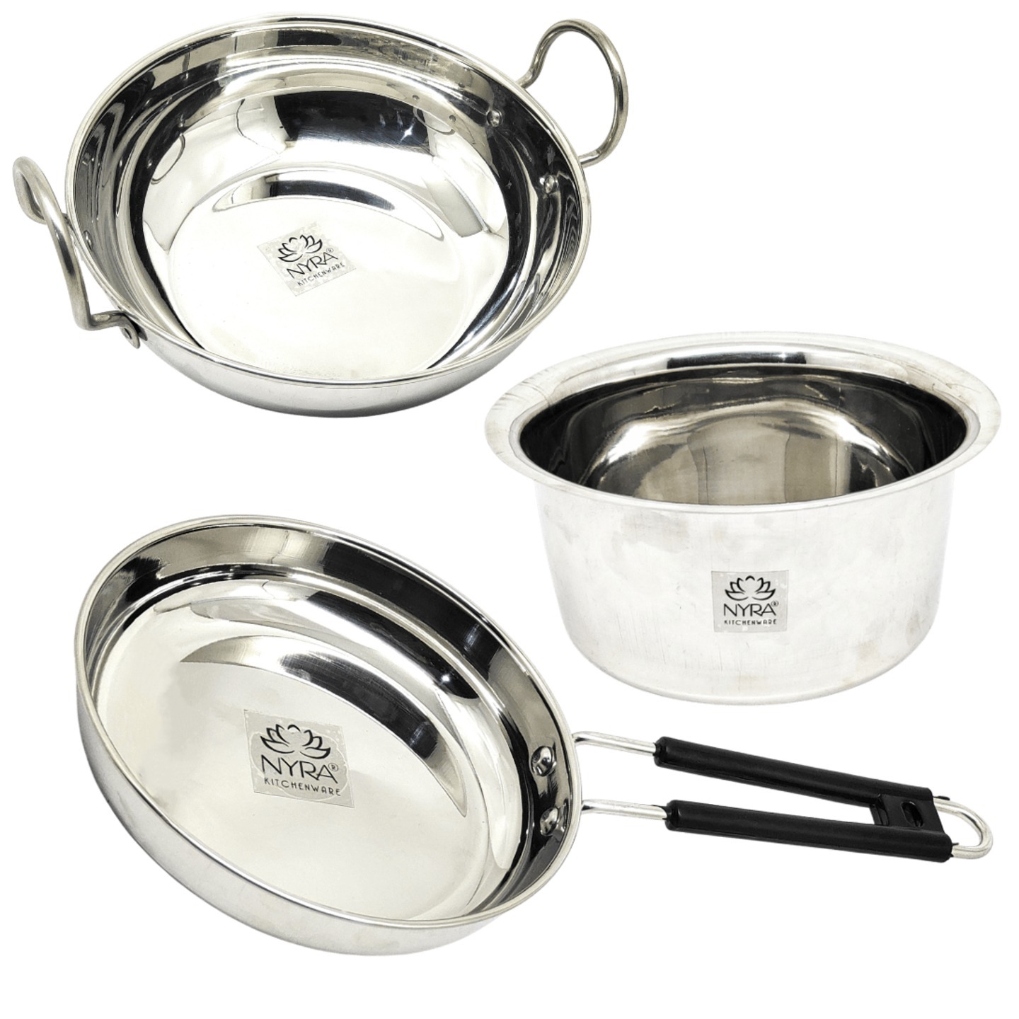 Nyra Stainless Steel Cookware Set of 3 Pieces - 1 Kadhai 2.5 Ltr, 1 Fry Pan 750 ML and 1 Bhagona 2 Ltr  Induction Friendly Kitchenware Cooking Essentials