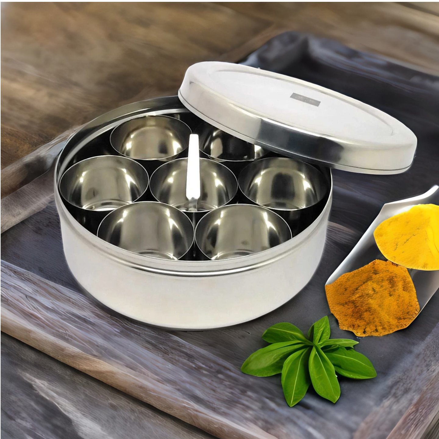 Nyra Stainless Steel Masaldani, Strong & Shiny Spice Box for storing Masala in Kitchen, Multi Spices Box with 7 storing bowls & 1 Spoon inside