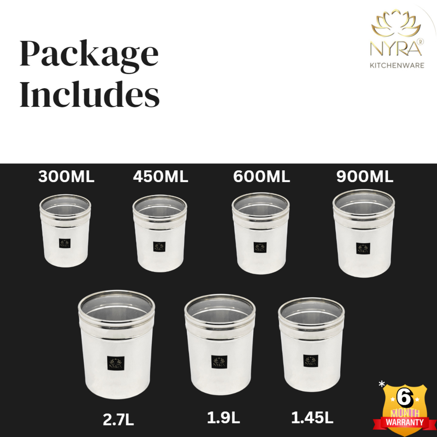 Nyra Stainless Steel Set of 7 Pcs Multipurpose ContainersCanisters For Kitchen Storage Vertical Jar Dabba with Transparent See through Lid - Ideal for Storing Rice, Cereal, Pulse, Snacks, Spices and other kitchen utilities