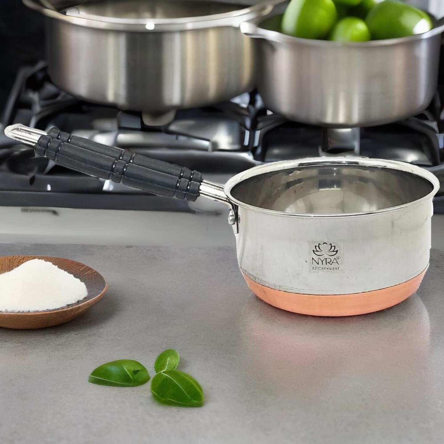 NyraStainless Steel Copper Bottom Saucepan with Flat Base -  Even Heat Distribution Cookware with Handle Pan Easy Cleanup, Versatile