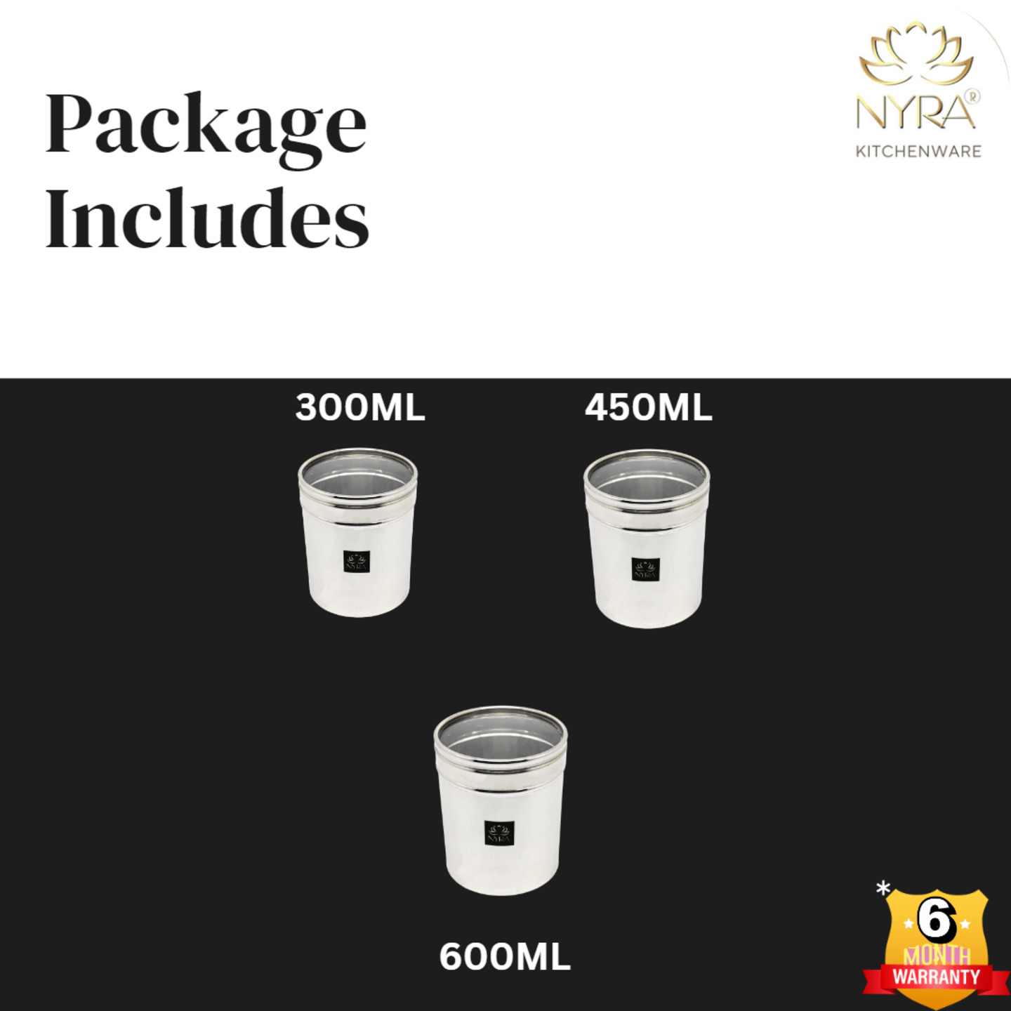 Nyra Stainless Steel Set of 3 Pcs Multipurpose ContainersCanisters For Kitchen Storage Vertical Jar Dabba with Transparent See through Lid - Ideal for Storing Rice, Cereal, Pulse, Snacks, Spices and other kitchen utilities