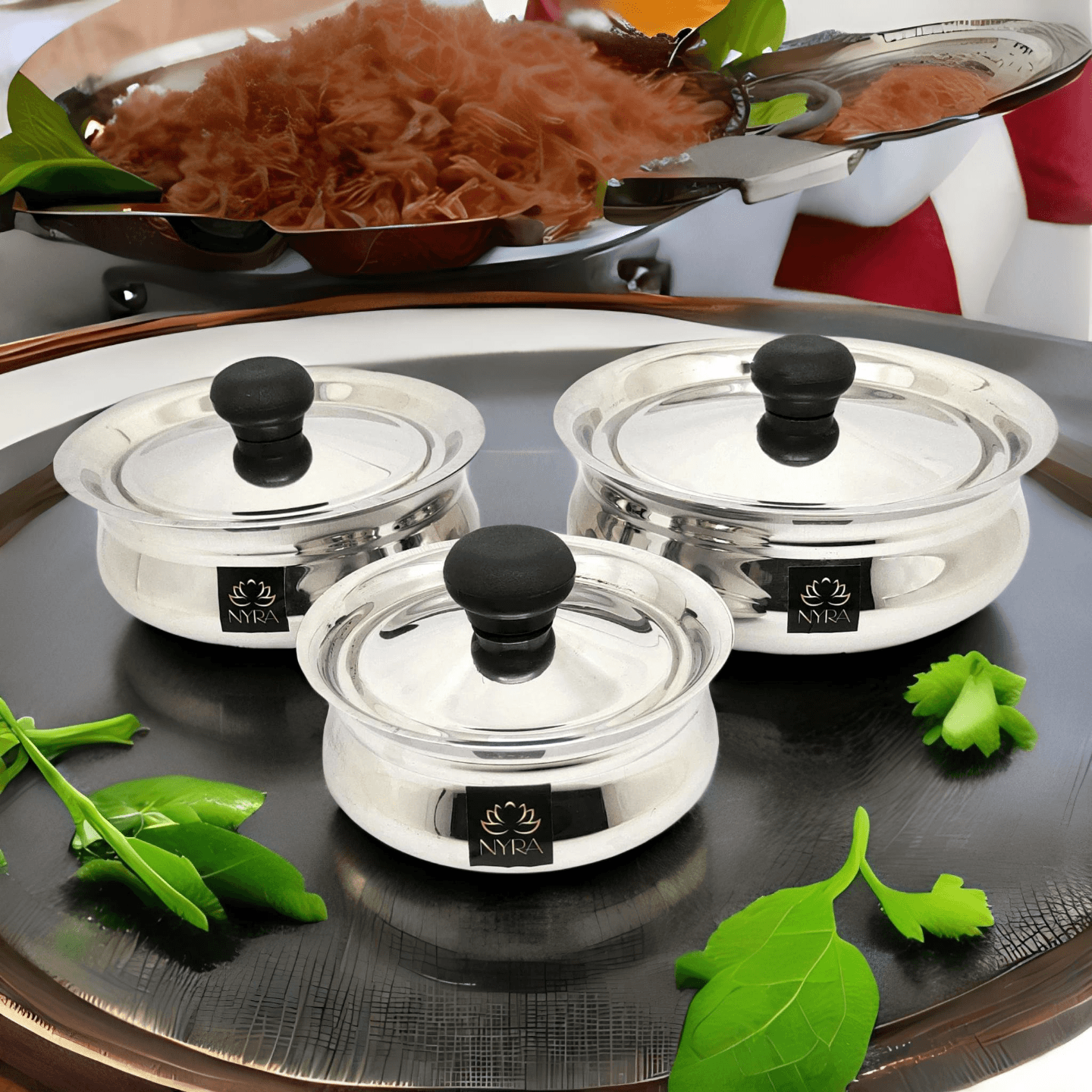 Nyra Stainless Steel Biryani Handi with Lid and PVC Knob  Set of 3 600 ML, 900 ML, 1.5 Ltr Cooking Handi for Dum Biryani, Rice, Biryani Pot, Glossy Finish Tope, Patila Multipurpose Cooking Utensil for Kitchen