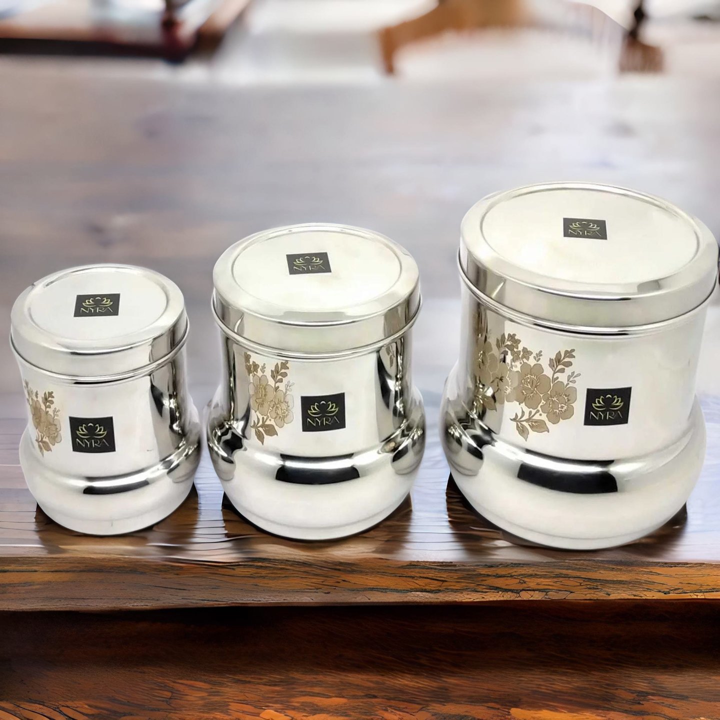 Nyra Stainless-Steel Belly Shaped Laser Floral Printed Deep Storage Box Containers DibbaDubba - Set of 3 capacity from 900 ML to 2.7 Ltr