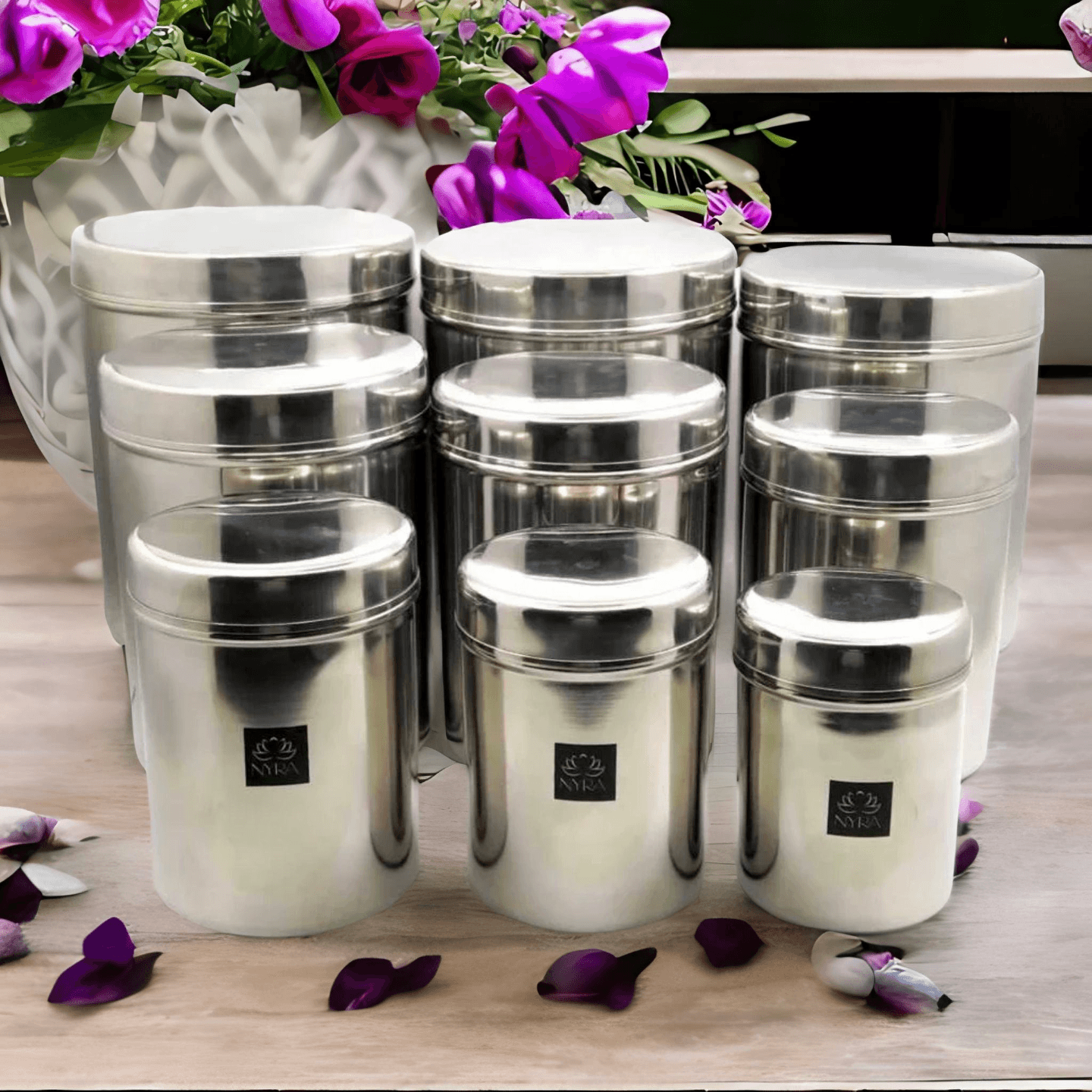 Nyra Stainless-Steel Cylindrical Shaped Deep Storage Box Containers DibbaDubba Set of 9 capacity from 800ML to 6 ltr