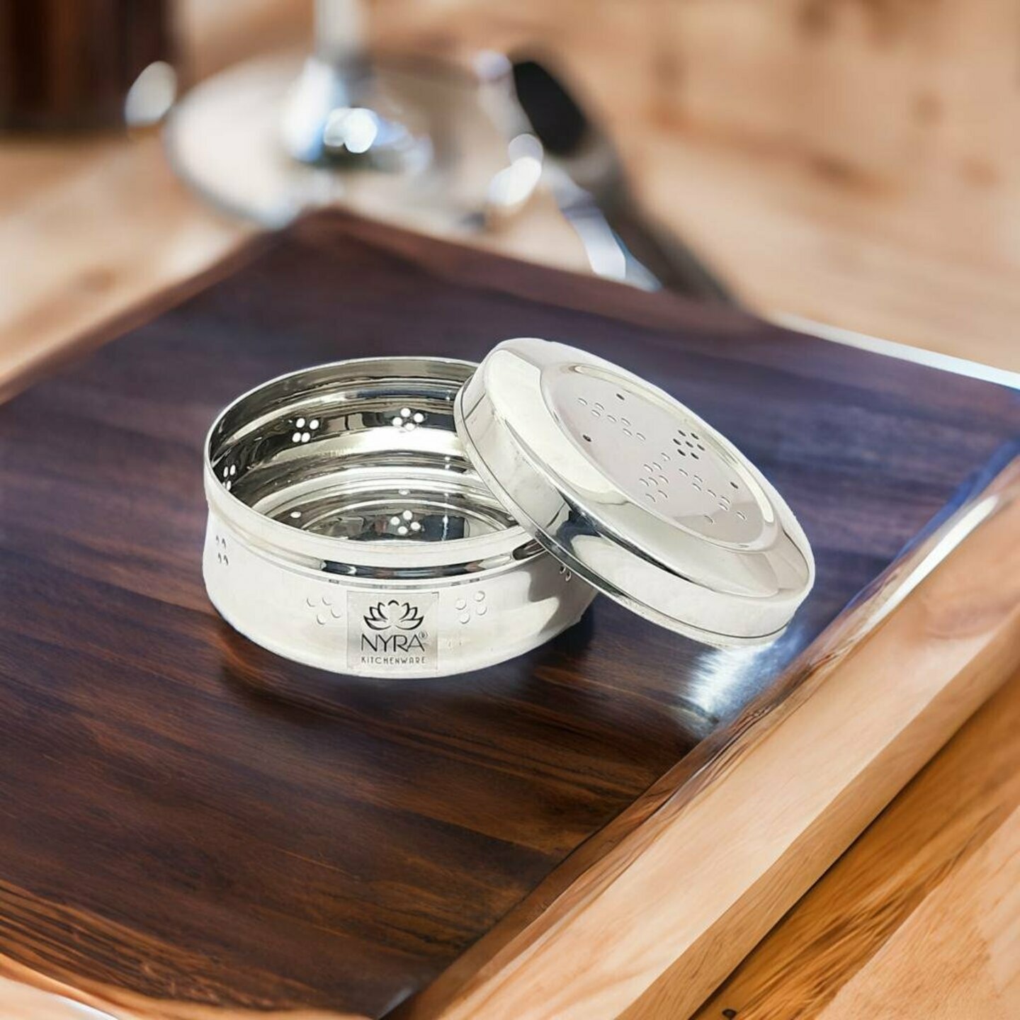 Nyra Stainless Steel Round Shaped Box for KothmirDhaniyaCoriander Multipurpose Storage Container DabbiDibbiDubba with Air Ventilation Holes