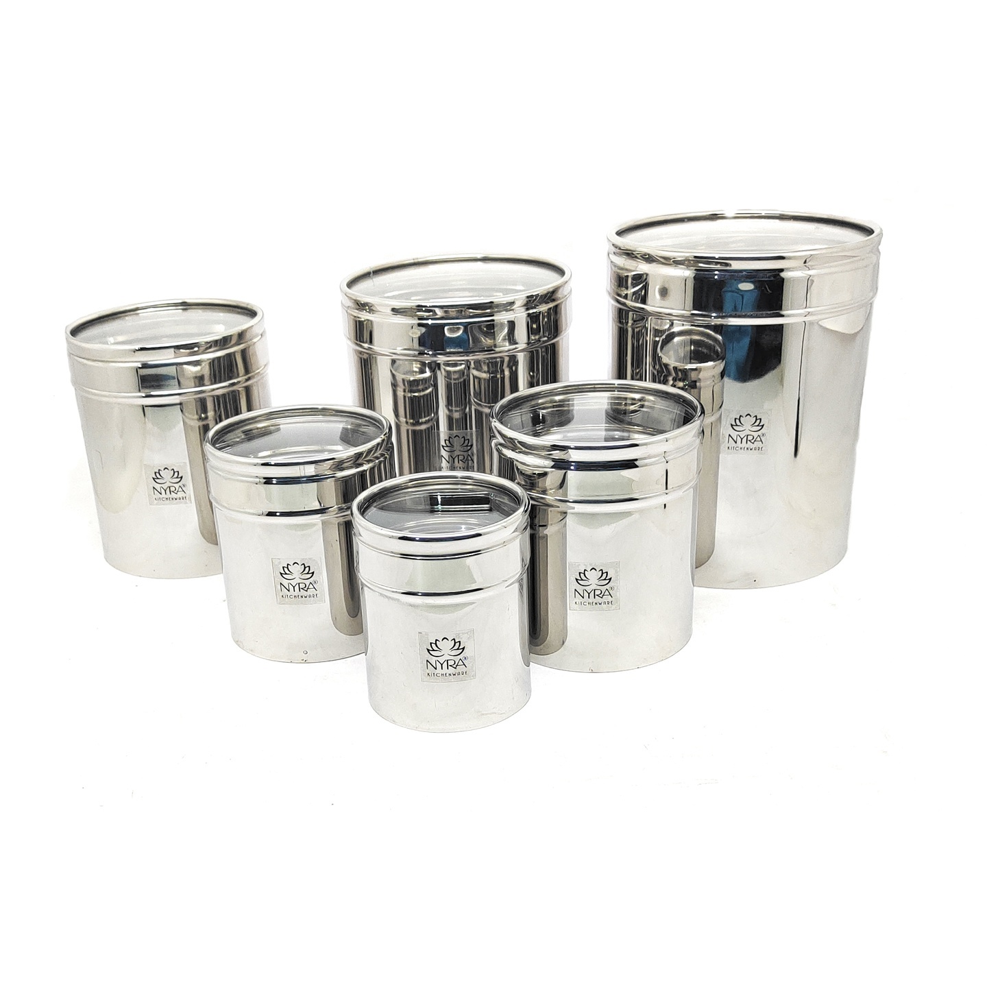 Nyra Stainless Steel Set of 6 Pcs Multipurpose ContainersCanisters For Kitchen Storage Vertical Jar Dabba with Transparent See through Lid - Ideal for Storing Rice, Cereal, Pulse, Snacks, Spices and other kitchen utilities