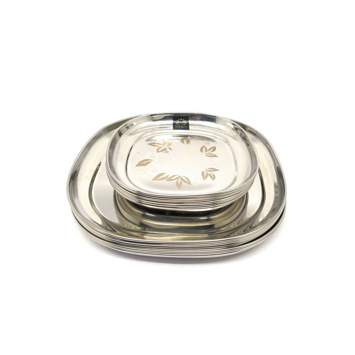 NYRA Stainless Steel Set of 12 pieces- Full-Size and Quarter Plates with Laser Print Set for LunchDinner