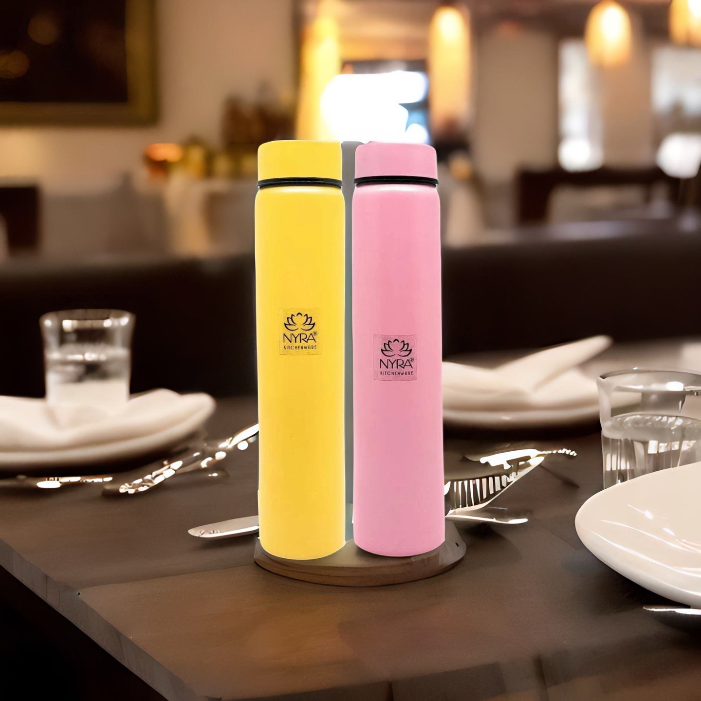 Nyra Stainless Steel Set of 2 Pcs Yellow & Pink Pocket Water Bottle  450 ML Each Small & Slim Single Walled Water Flask Bottle for Outdoor Office and Indoor use Fridge for Drinking Water