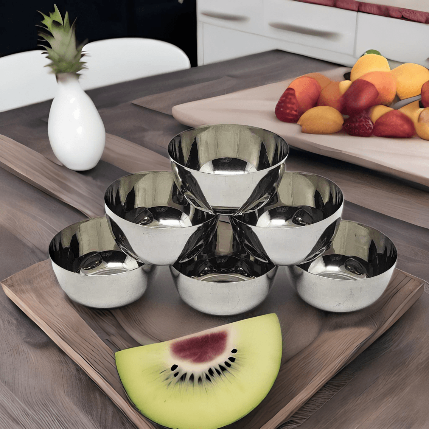 Nyra Stainless Steel Solid Vegetable Serving Curry Dal Bowls Katori  Wati  Vati Glossy Finish, Durable Set of 6 Pcs, - 320 ML Each, Silver
