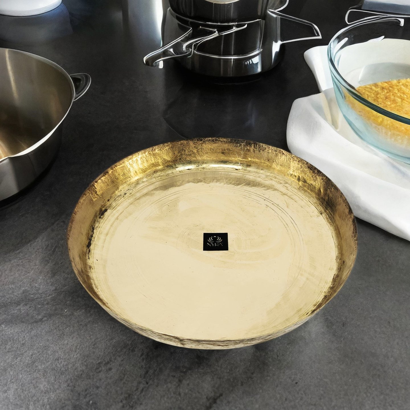 Nyra Pure BrassPeetal Plate Big Round Thali Flat Bottom for Pooja & Serving Purpose