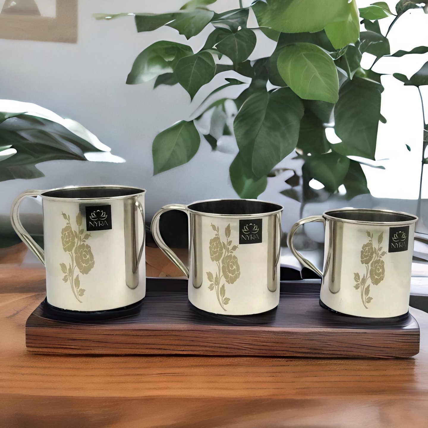 Nyra Stainless Steel Laser Printed Mug with Glossy Finish  Set of 3 Pcs