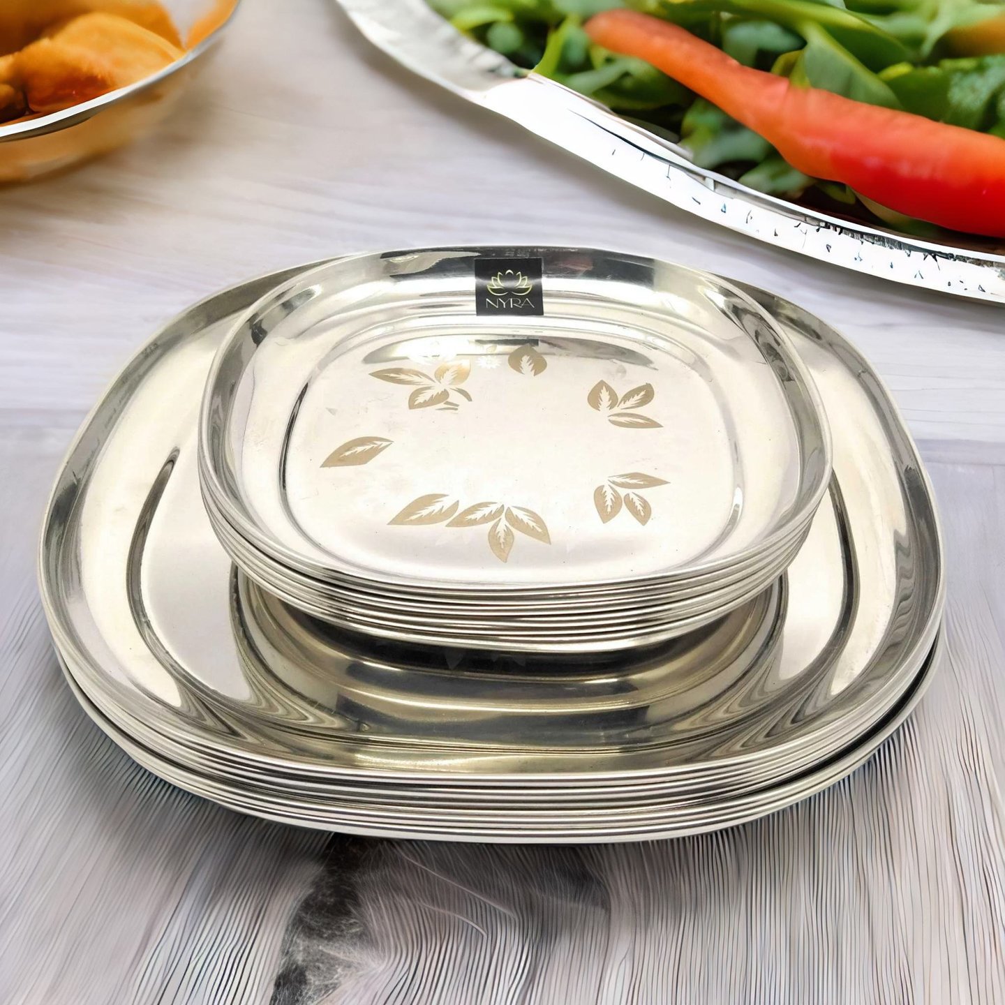 NYRA Stainless Steel Set of 12 pieces- Quarter and Full-Size Plates with Laser Print Set for LunchDinner