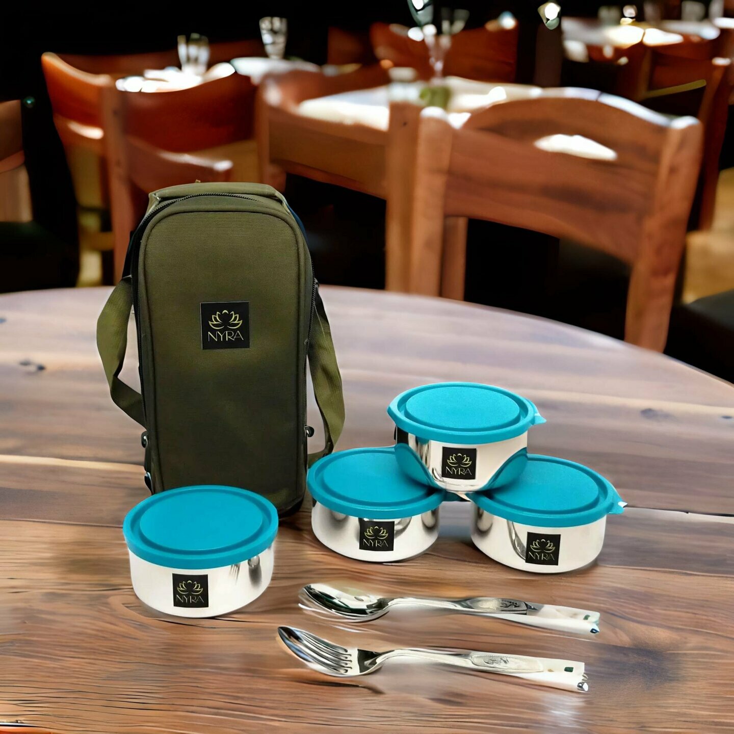 Nyra Stainless Steel Lunch Tiffin Box with Bag for Office use, Student, Women, Men - 4 Leak-Proof Stainless-Steel Meal Containers with a spoon and fork and Insulated Fabric Bag