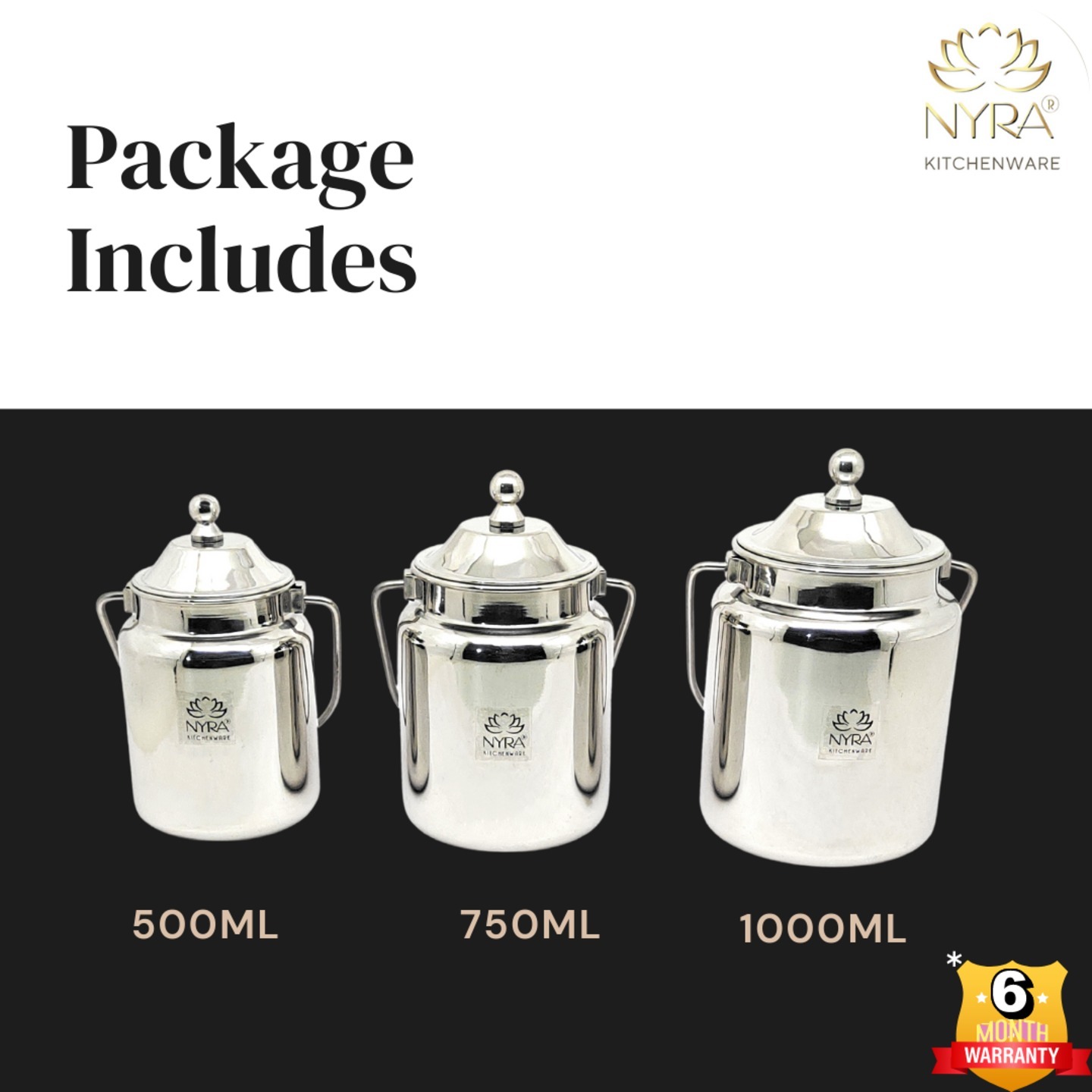 Nyra Stainless Steel Barni Set of 3 Pcs 500 ML, 750 ML & 1 Ltr Milk CanContainer with an Upper Lid Dolchi for storing Milk, Oil Jar with Lid, Ghee Container