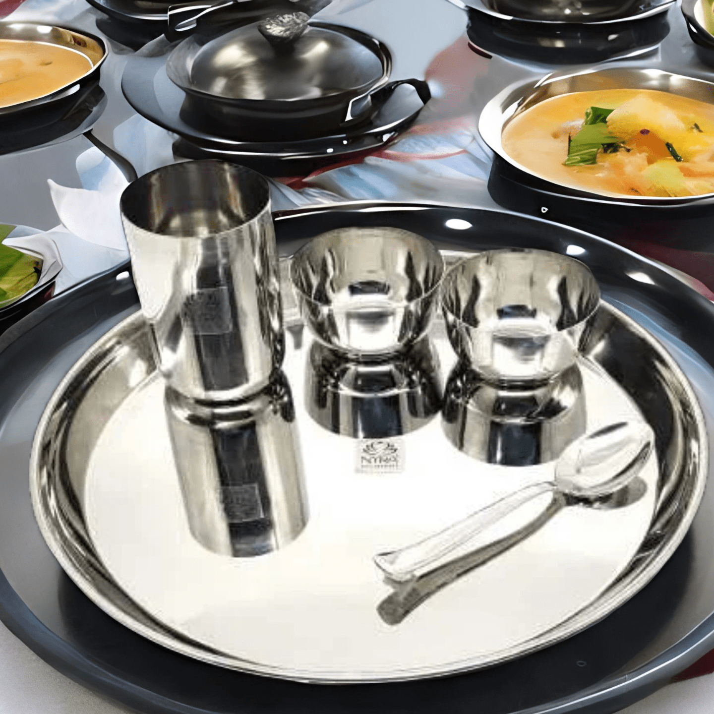 Nyra Stainless Steel Premium ThaliDinner Set of 5-Pieces 1 Thali, 1 Glass, 1 Spoon & 2 Bowls Dinnerware  Tableware, Silver