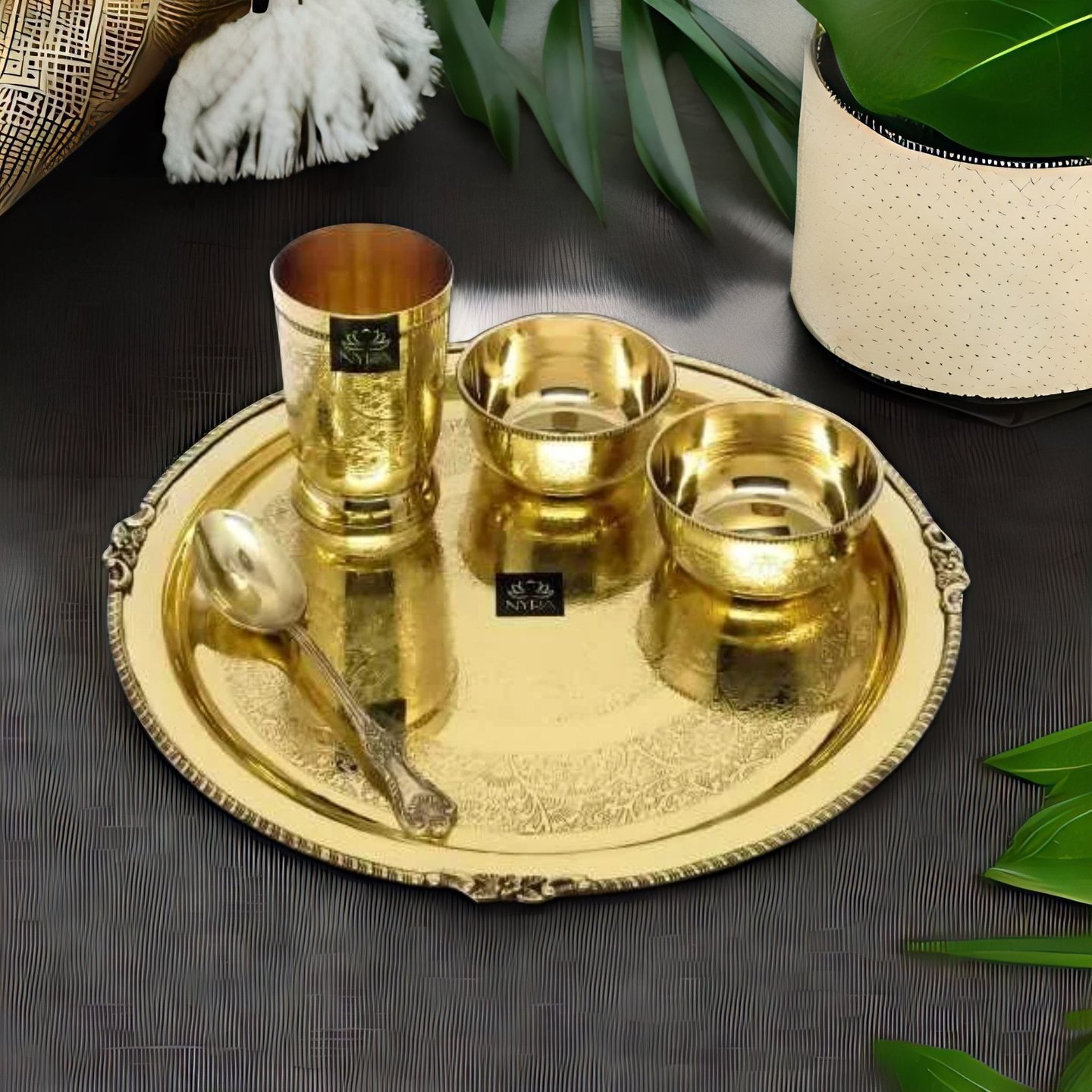 Nyra Pure Brass Semi-Handmade Thali Set with Glossy Finish and Minute Detailing on the Entire Set  5 Pcs Set