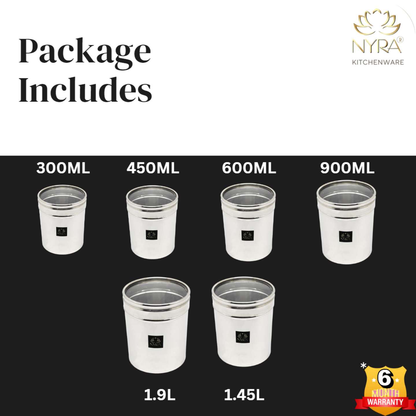 Nyra Stainless Steel Set of 6 Pcs Multipurpose ContainersCanisters For Kitchen Storage Vertical Jar Dabba with Transparent See through Lid - Ideal for Storing Rice, Cereal, Pulse, Snacks, Spices and other kitchen utilities