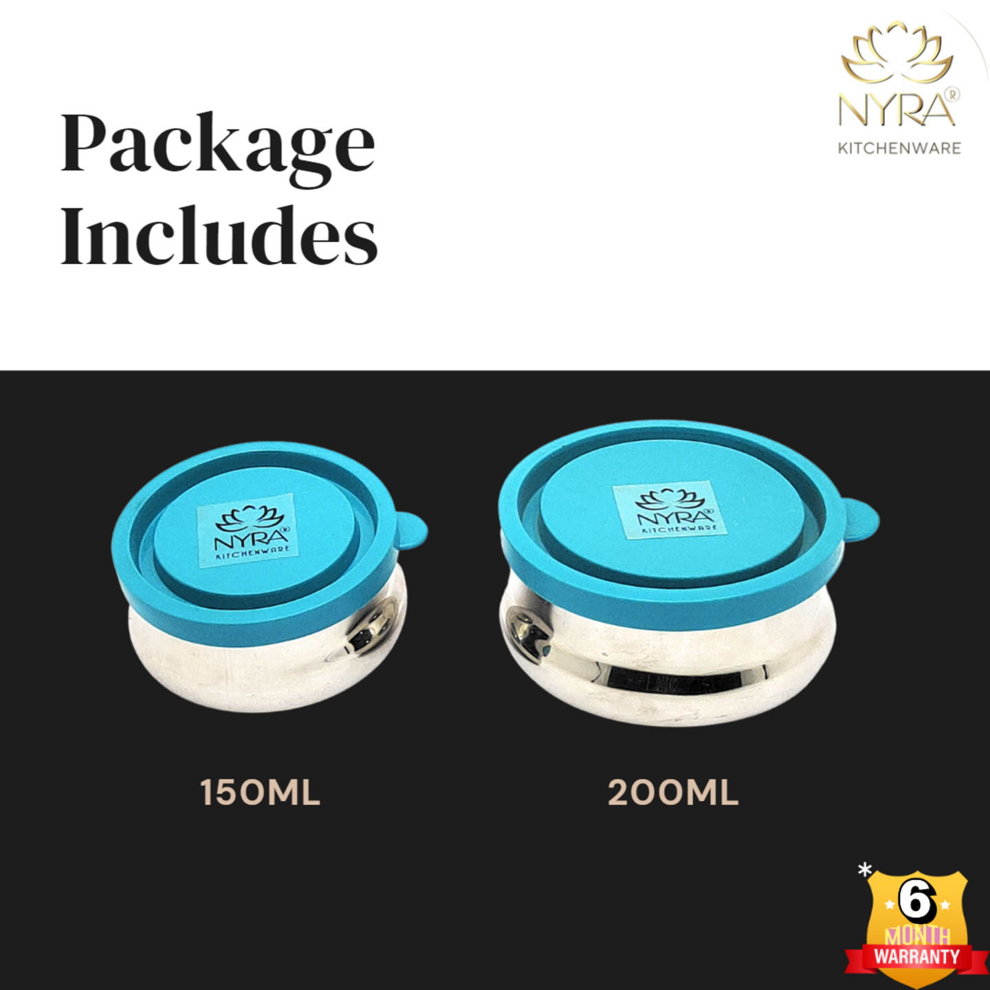 Nyra Stainless Steel Food Storage 2 Pcs Container Set 150 ML & 200 ML Utility Containers with Coloured Leak Proof Air Tight Plastic Lids Kitchen Lid Bowl Set 2 Pcs