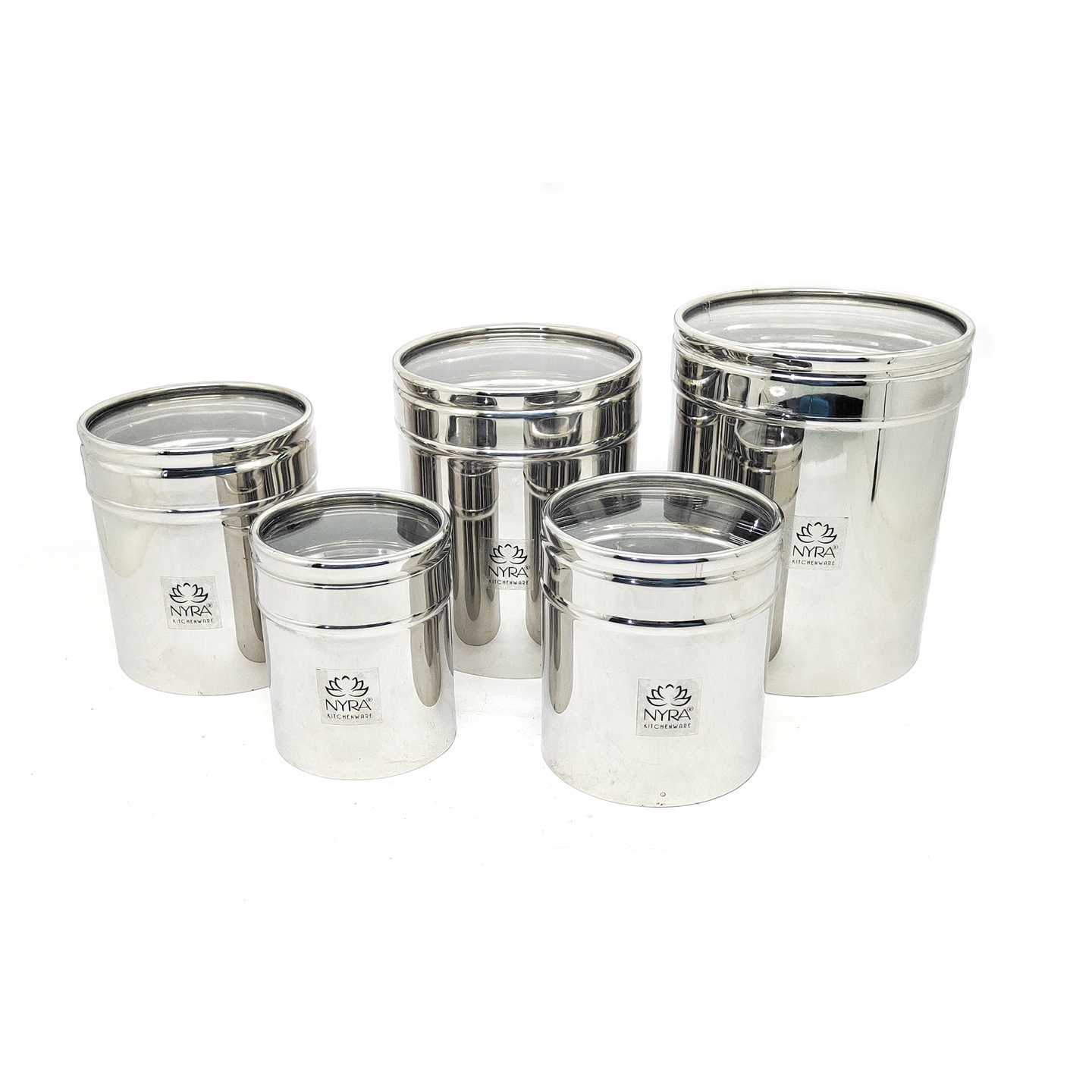 Nyra Stainless Steel Set of 5 Pcs Multipurpose ContainersCanisters For Kitchen Storage Vertical Jar Dabba with Transparent See through Lid - Ideal for Storing Rice, Cereal, Pulse, Snacks, Spices and other kitchen utilities