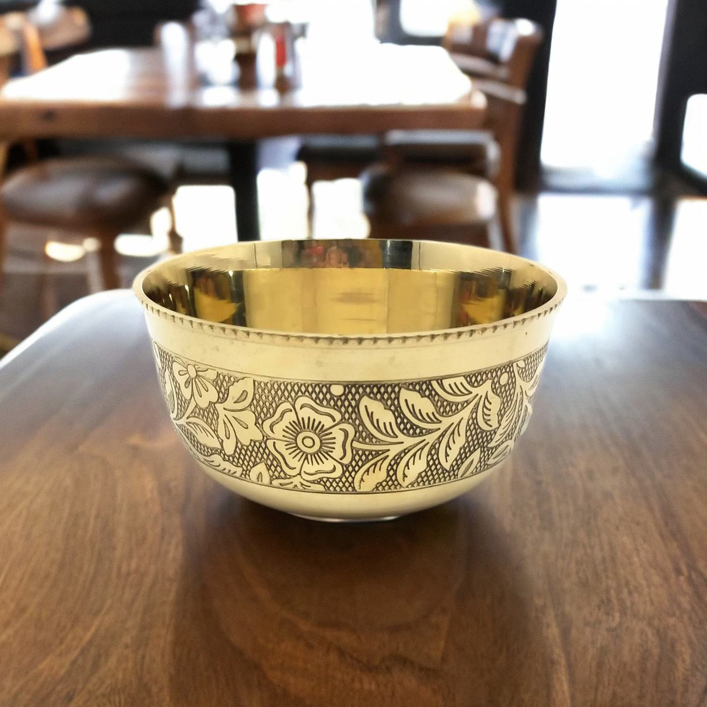Nyra Pure Brass Embossed Design BowlsPeetal Katori  200 ML Each  Decorative Dinnerware  Tableware  Serveware Embedded Floral Design Serving Indian Food Bowl