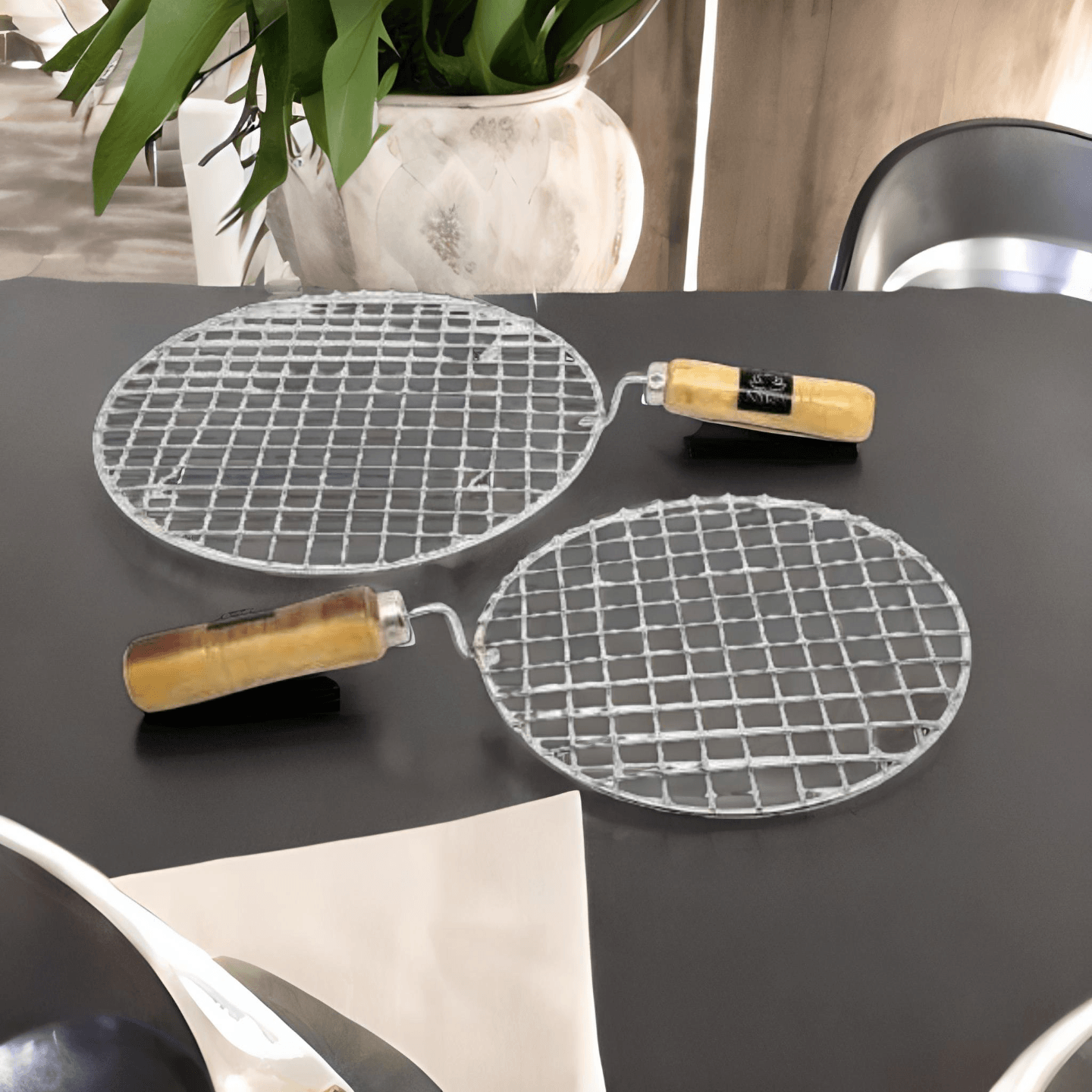 Nyra Stainless Steel Round ChapatiRoti Grill  Papad Roaster with Wooden Handle  Set of 2