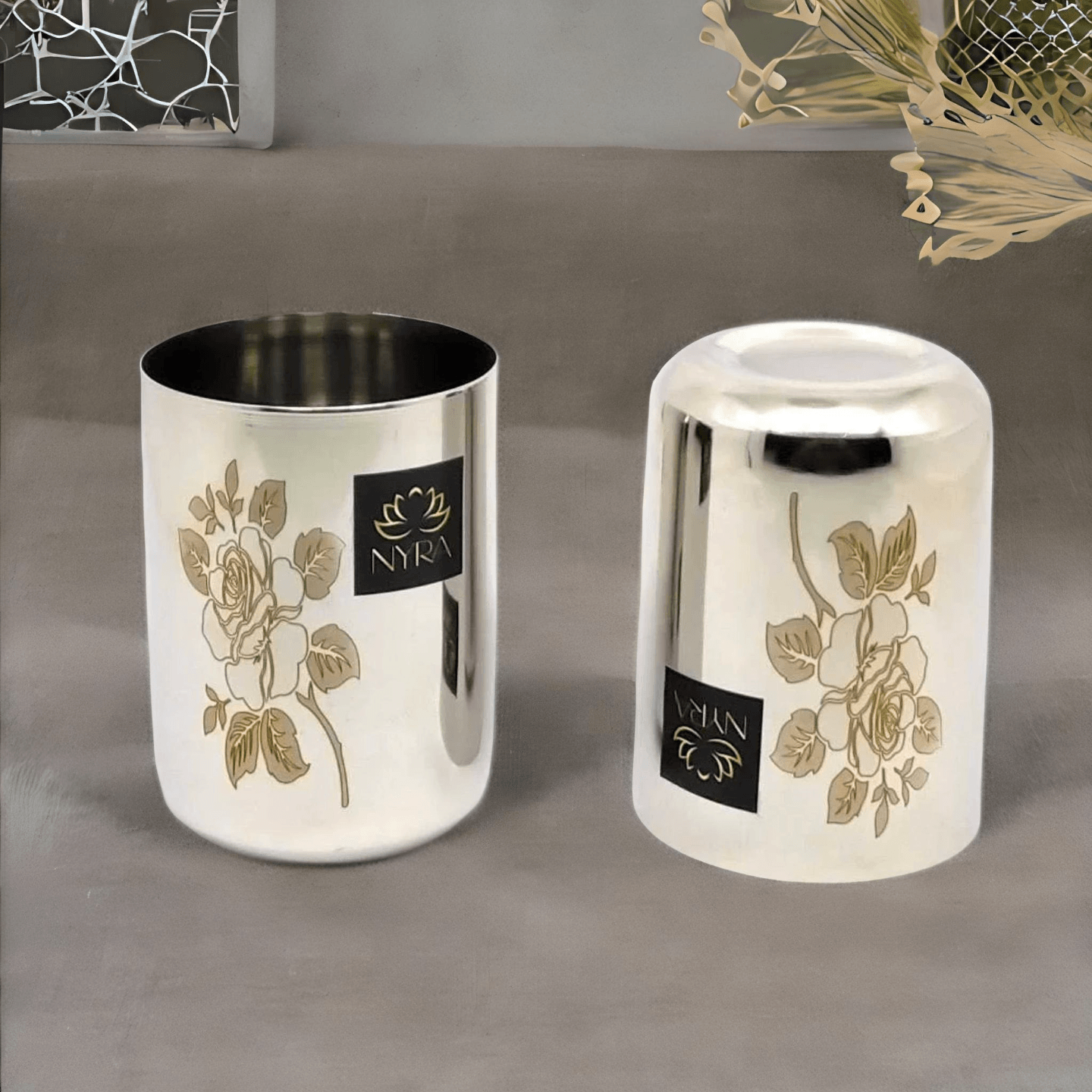 Nyra Stainless Steel Glass Tumbler for Water, Juice, Beverages with Permanent Floral Laser Design, Heavy Gauge, 400 ML each