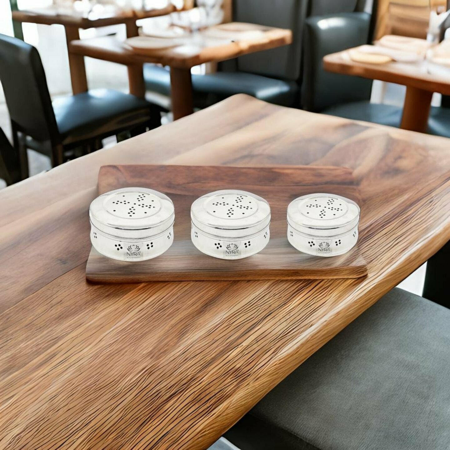 Nyra Stainless Steel Set of 3 Pcs Round Shaped Box for KothmirDhaniyaCoriander Multipurpose Storage Container DabbiDibbiDubba with Air Ventilation Holes