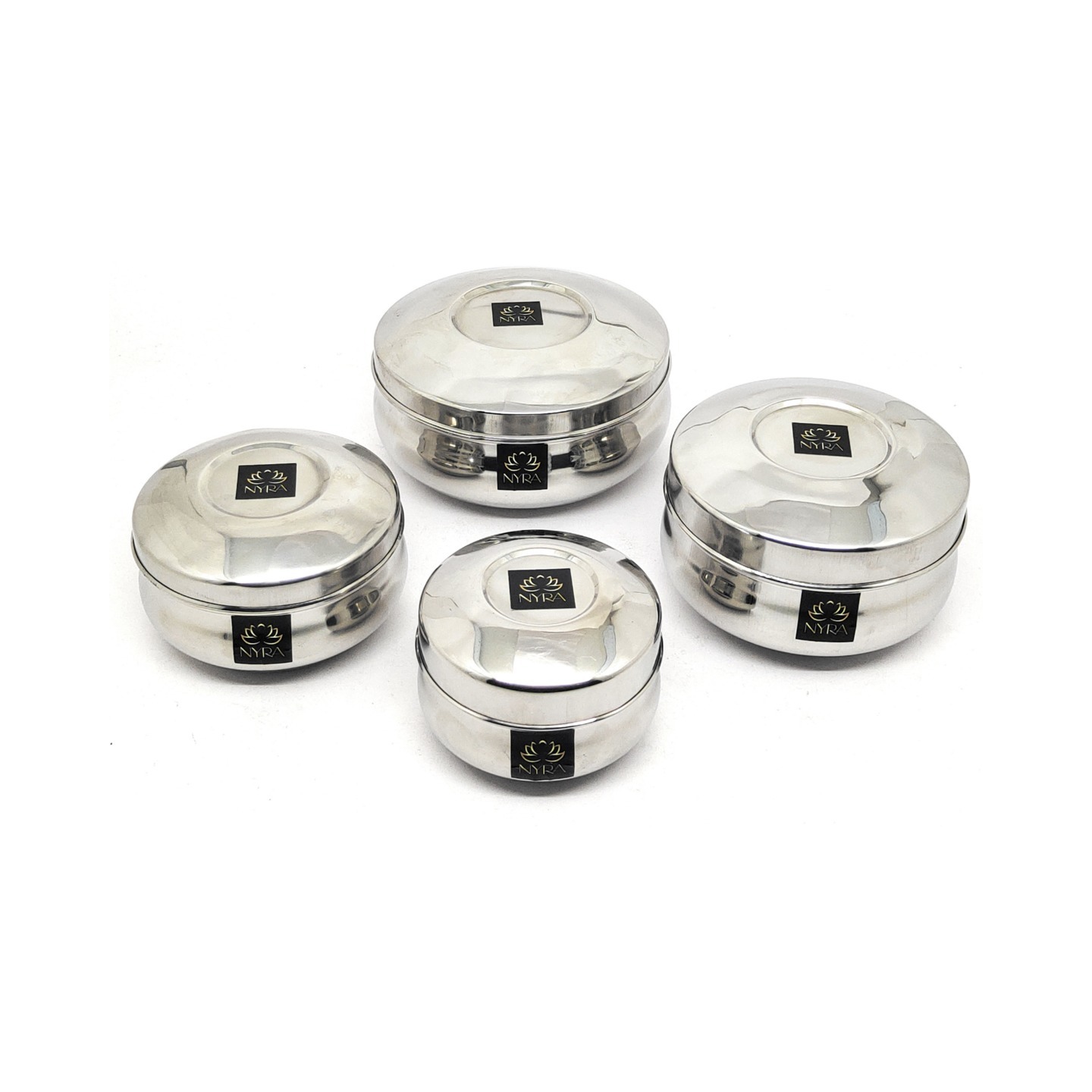 Nyra Stainless Steel Small Round ContainerBoxDabba Set of 4 Pieces 350 ML, 550 ML, 700 ML, and 1 Ltr with Lid - Kitchen Storage
