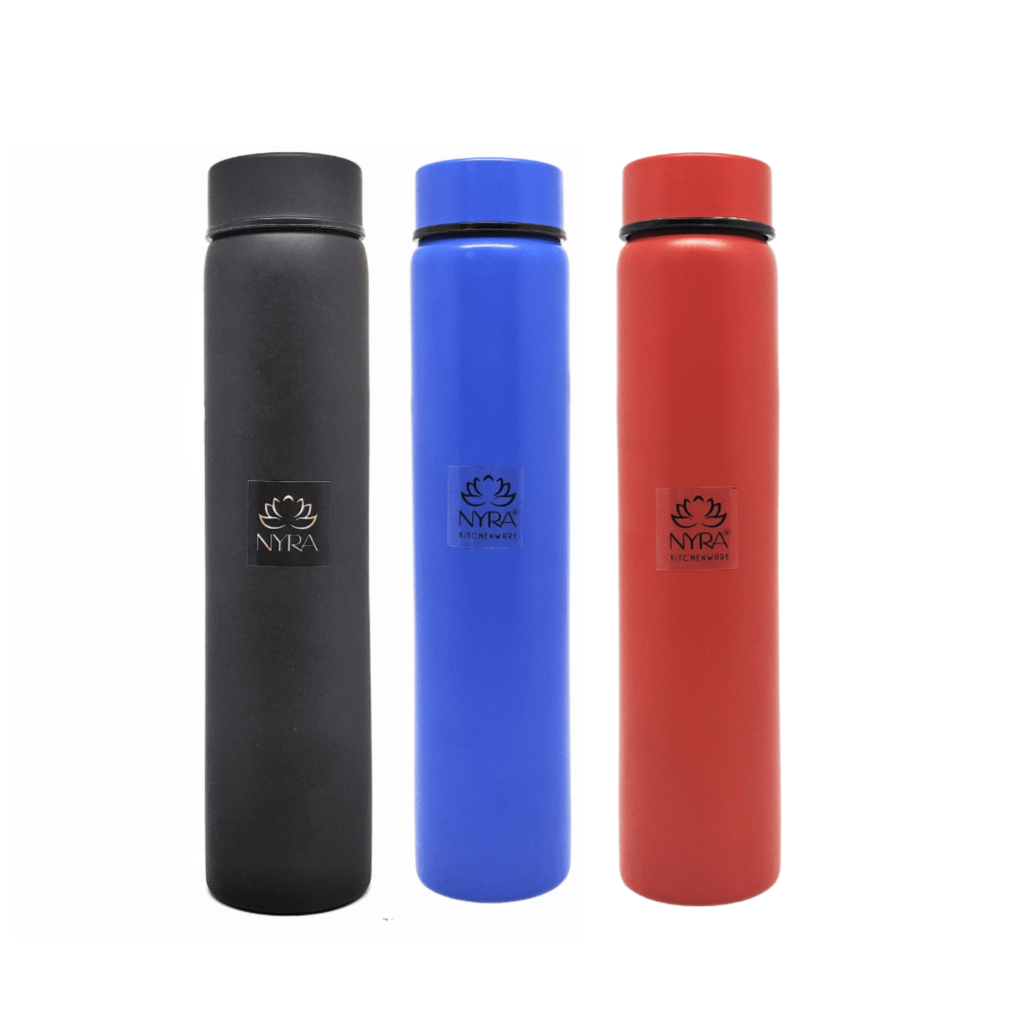 Nyra Stainless Steel Set of 3 Pcs Black, Blue & Red Pocket Water Bottle  450 ML Each Small & Slim Single Walled Water Flask Bottle for Outdoor Office and Indoor use Fridge for Drinking Water