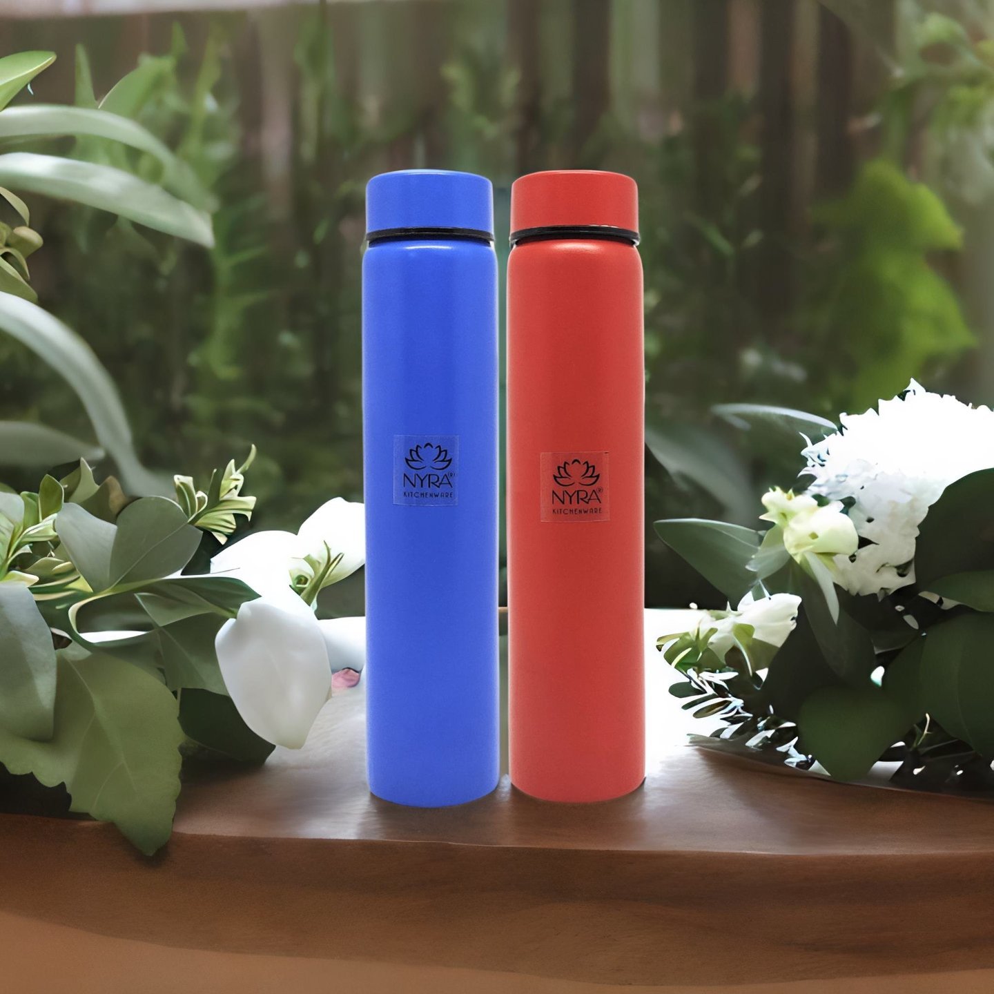 Nyra Stainless Steel Set of 2 Pcs Blue & Red Pocket Water Bottle  450 ML Each Small & Slim Single Walled Water Flask Bottle for Outdoor Office and Indoor use Fridge for Drinking Water
