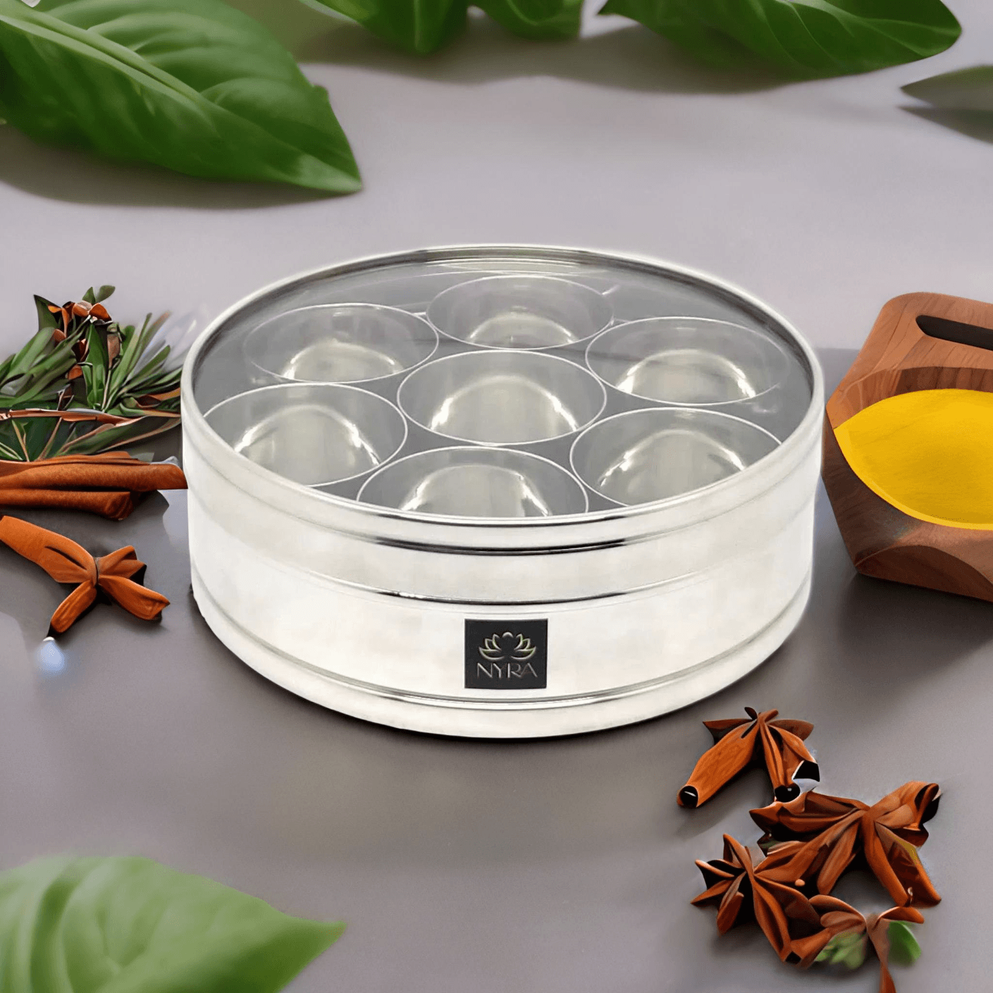 Nyra Stainless Steel Masala dabba Masaldani Multi Spices Box for Storing Spices in Kitchen With See-Through Lid Transparent having  7storing bowls