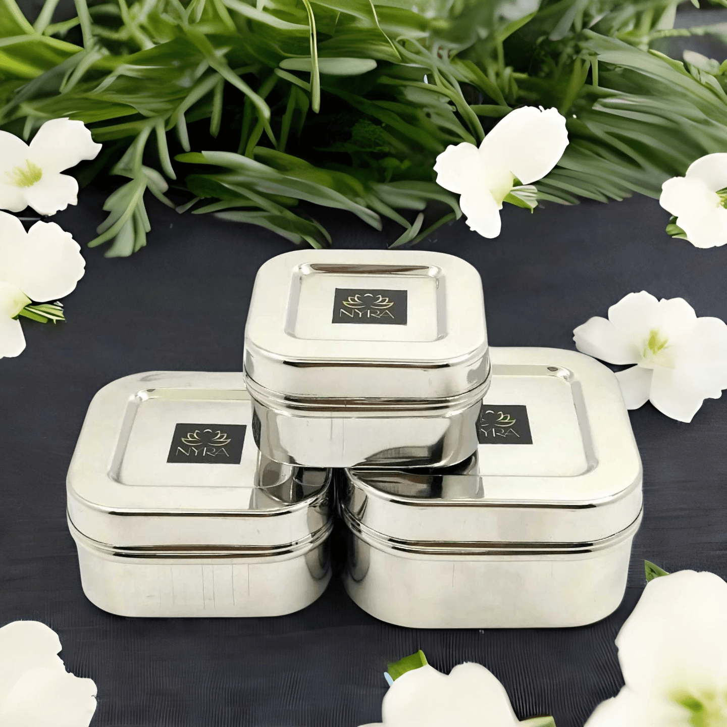NYRA Stainless-Steel Square Shaped DabbiDibbi for Storage Use Set of 3 Pcs