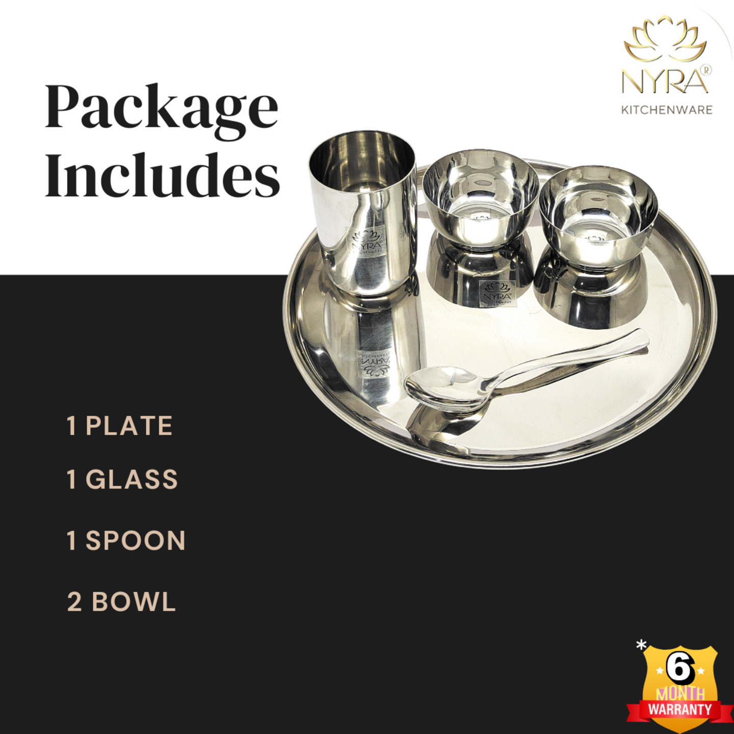 Nyra Stainless Steel Premium ThaliDinner Set of 5-Pieces 1 Plate, 1 Glass, 1 Spoon & 2 Bowls Dinnerware  Tableware, Silver