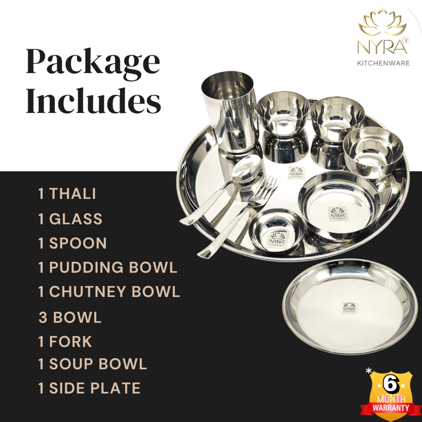 Nyra Stainless Steel Premium ThaliDinner Set of  11 Pieces 1 Thali, 1 Glass, 1 Spoon, 1 Fork, 1 Side Plate, 1 Pudding Bowl, 1 Mini Bowl, 1 Big Soup Bowl & 3 Bowls, Dinnerware  Tableware, Silver