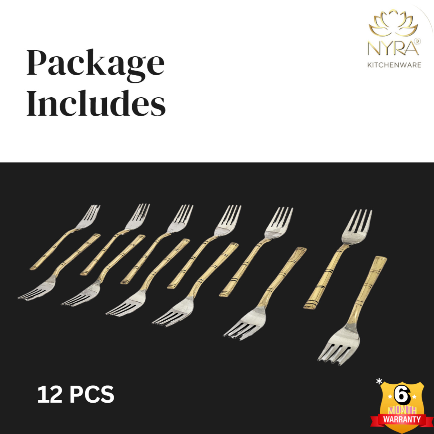 Nyra Stainless Steel Brass Forks Set of 612 Pcs, Traditional Indian Designed Tableware  Dinnerware, Kitchenware Utensil Cutlery  Kitchen Accessory