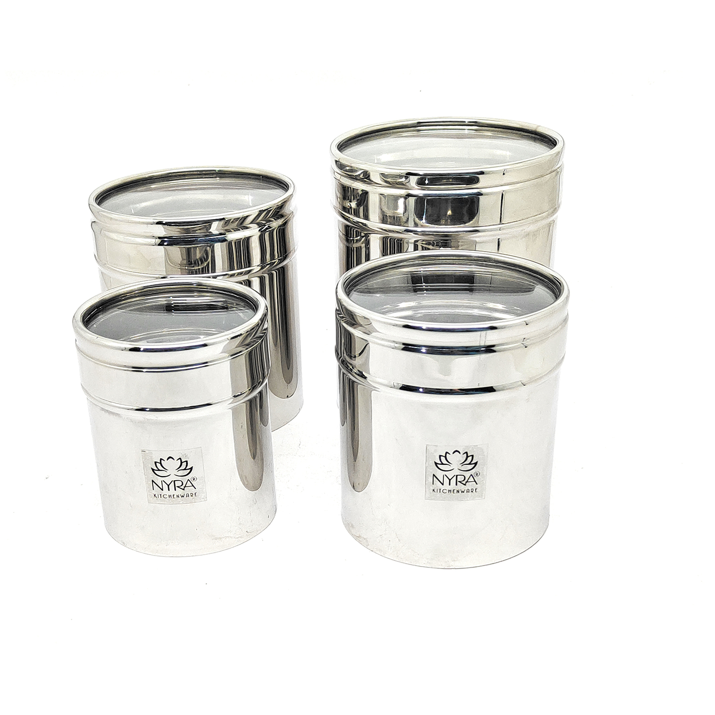 Nyra Stainless Steel Set of 4 Pcs Multipurpose ContainersCanisters For Kitchen Storage Vertical Jar Dabba with Transparent See through Lid - Ideal for Storing Rice, Cereal, Pulse, Snacks, Spices and other kitchen utilities