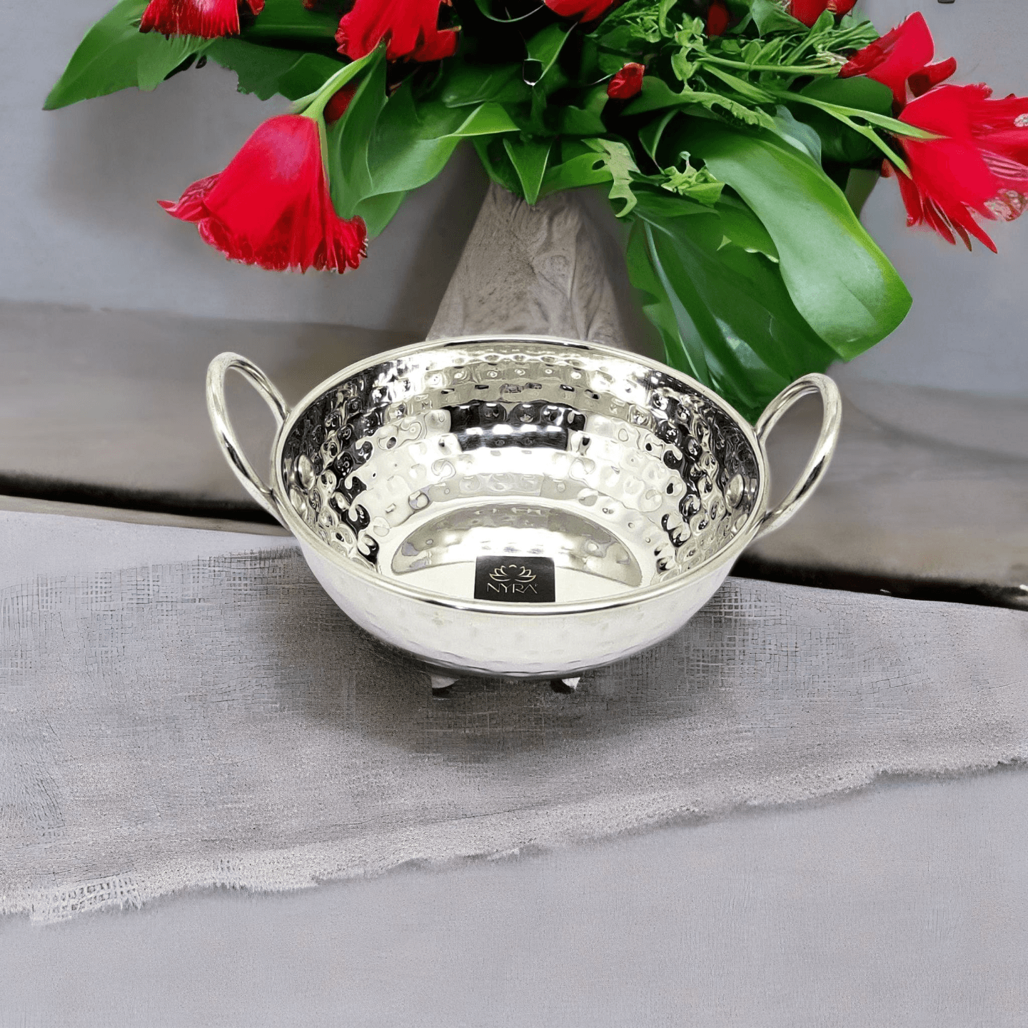 Nyra Stainless Steel Set of 3 Hammered Finish Mini Kadhai Serving Indian Food Daal Curry Karahi Kadai Wok Home Hotel Restaurant Tableware