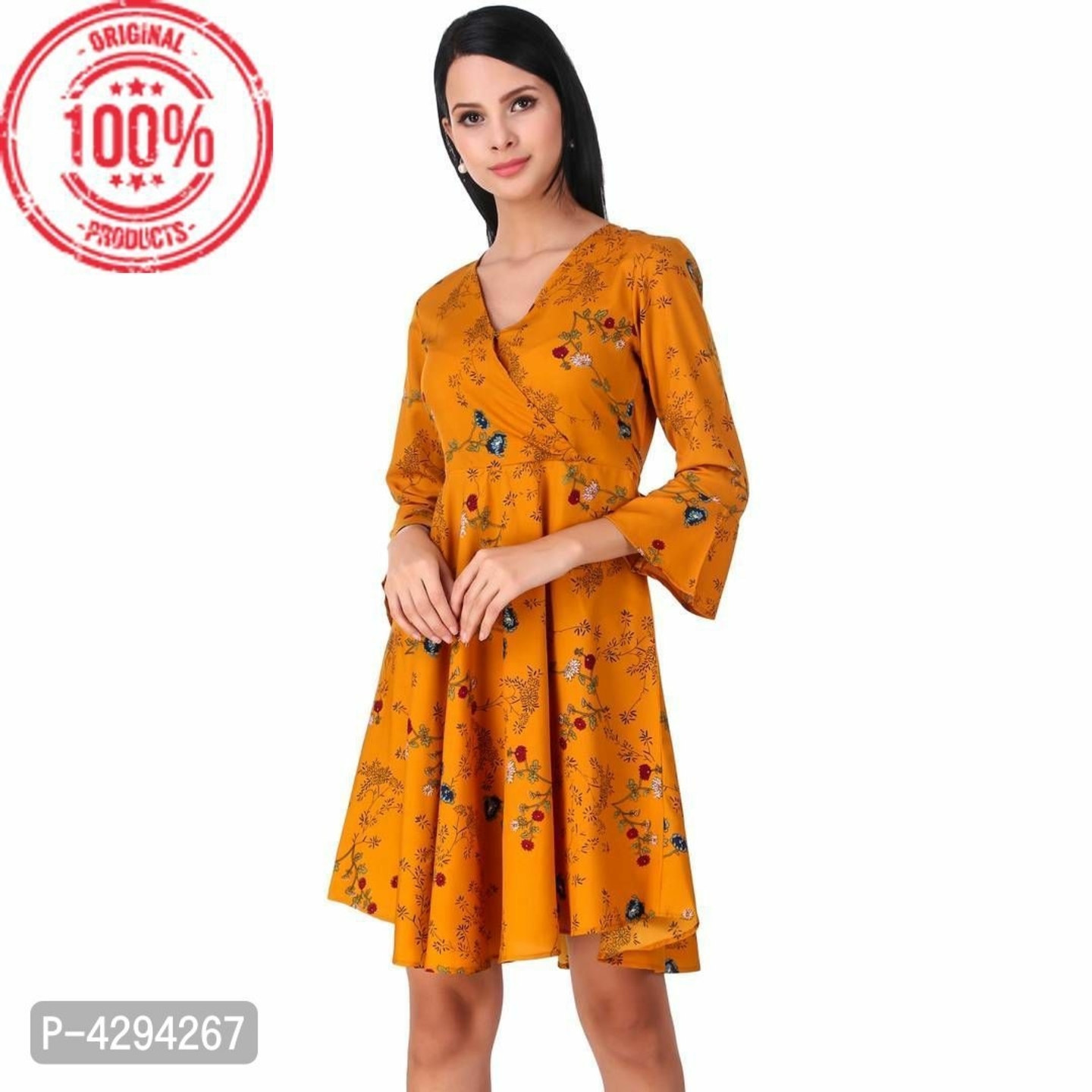Stylish Yellow Crepe Printed And Flare Dress For Womens